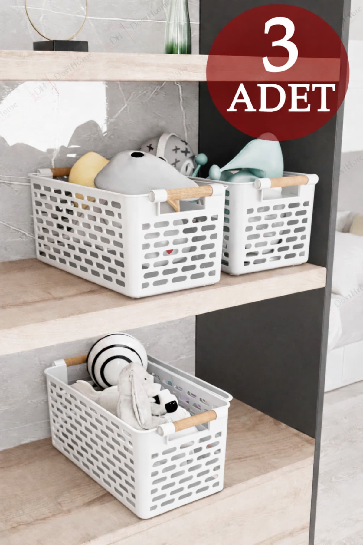 DOVİ HOME 3 Adet Beyaz Sepet Ahşap Görünümlü Tutamaçlı Çok Amaçlı Sepet Organizer Düzenleyici Set