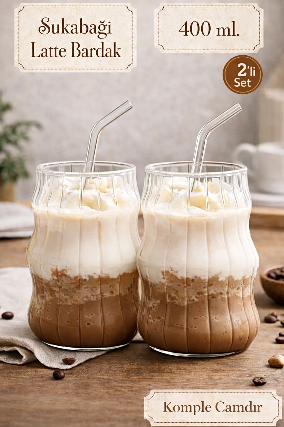 Madamev 2li Sukabağı Şekli Latte Bardak Seti İskandinav Tarz Cam Bardak Kahve Kokteyl Sunum Bardağı 500ml