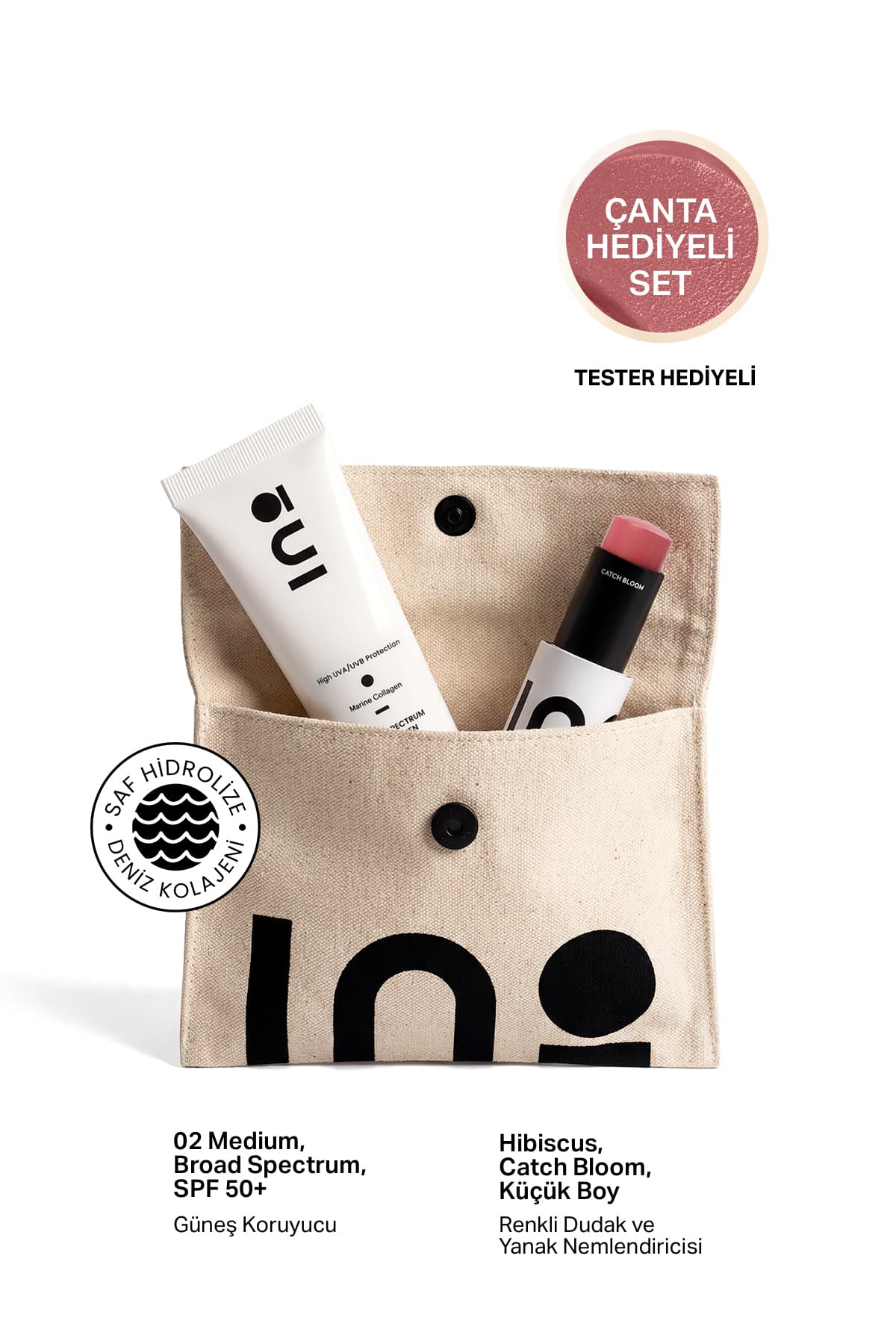 INO Beauty Hibiscus Stick Ruj & Allık 4,5Gr + Nemlendirici Güneş Kremi SPF +50 02 Medium + Makyaj Çantası
