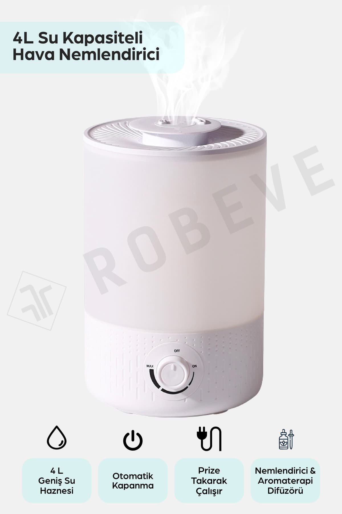 ROBEVE RBH-02 Ultrasonik Hava Nemlendirici Aroma Difüzörü 4 Litre Buhar Makinesi 4L Nemlendirici