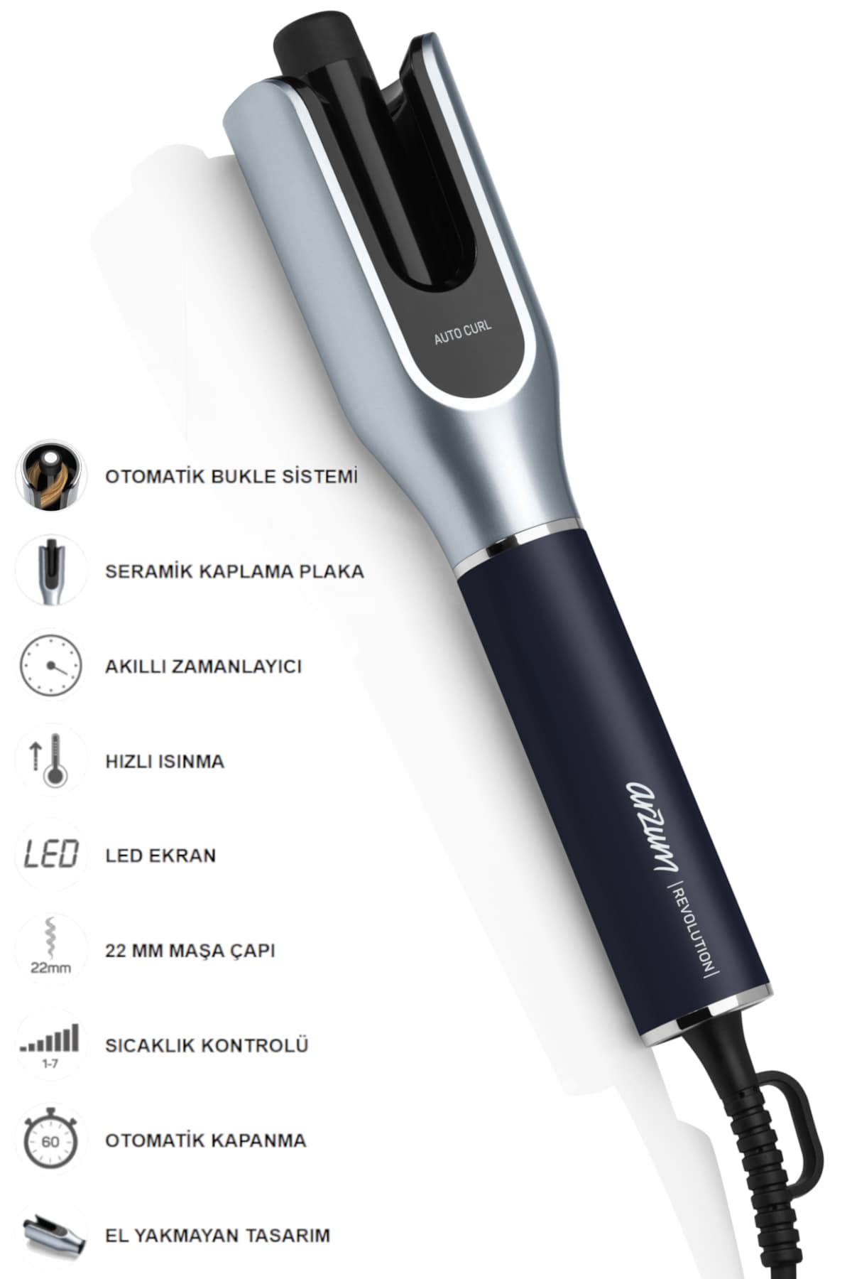 Arzum AR5156 Revolution Otomatik Saç Maşası - Platin Gri (360° Otomatik Dönen Başlık)