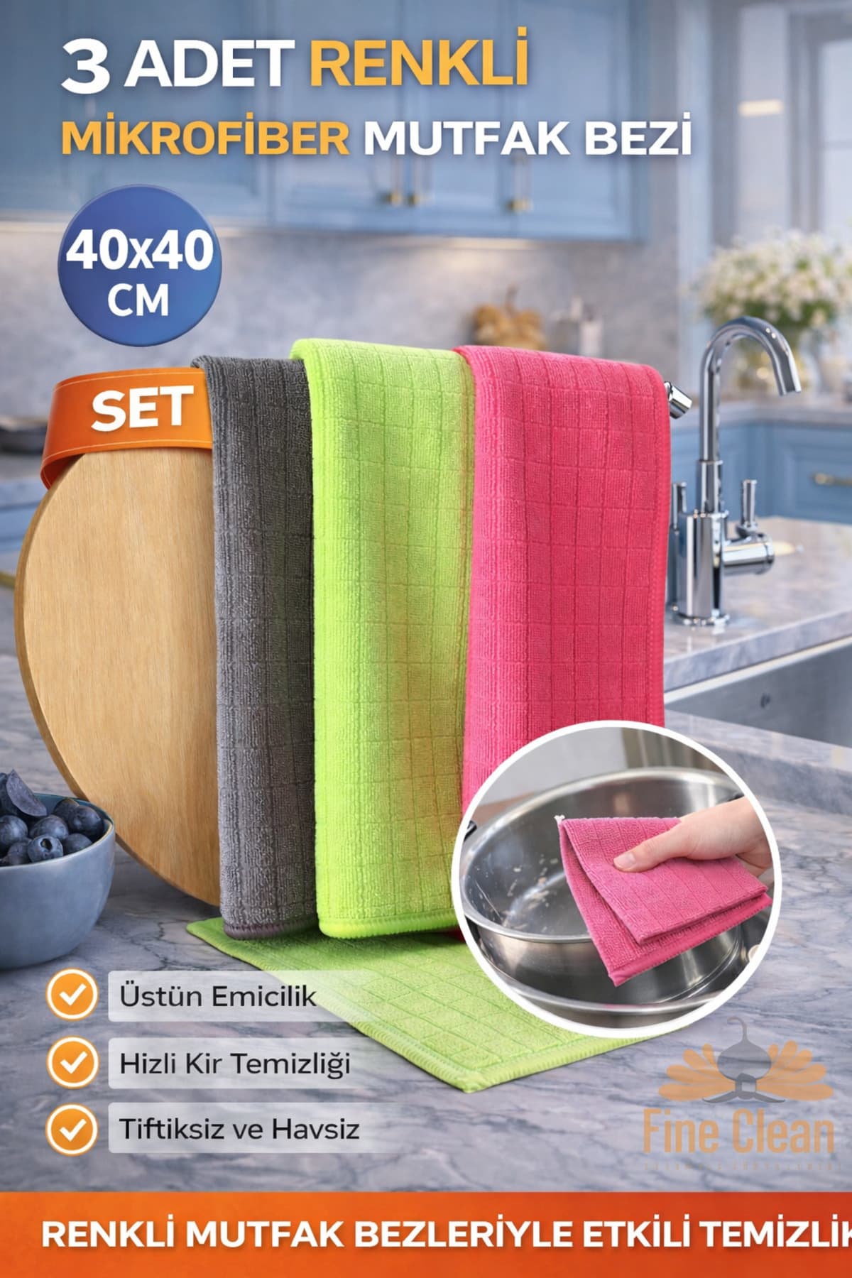 Fine Clean Fine Clean ( 3 Adet ) Mikrofiber Kareli Toz Ve Mutfak Bezi 40*40