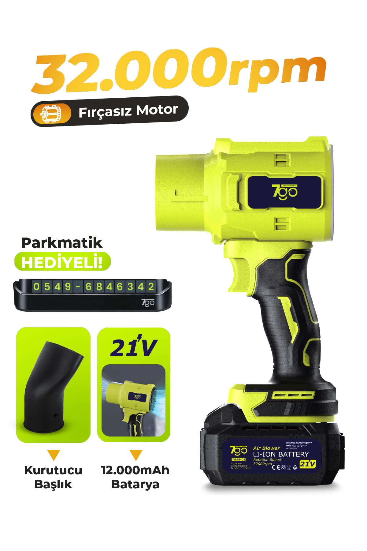 7Go 7Gab01 21V Kablosuz Hava Üfleyici | 32.000Rpm Turbo Fan, 12.000Mah Batarya, Bahçe & Araç Kurutma