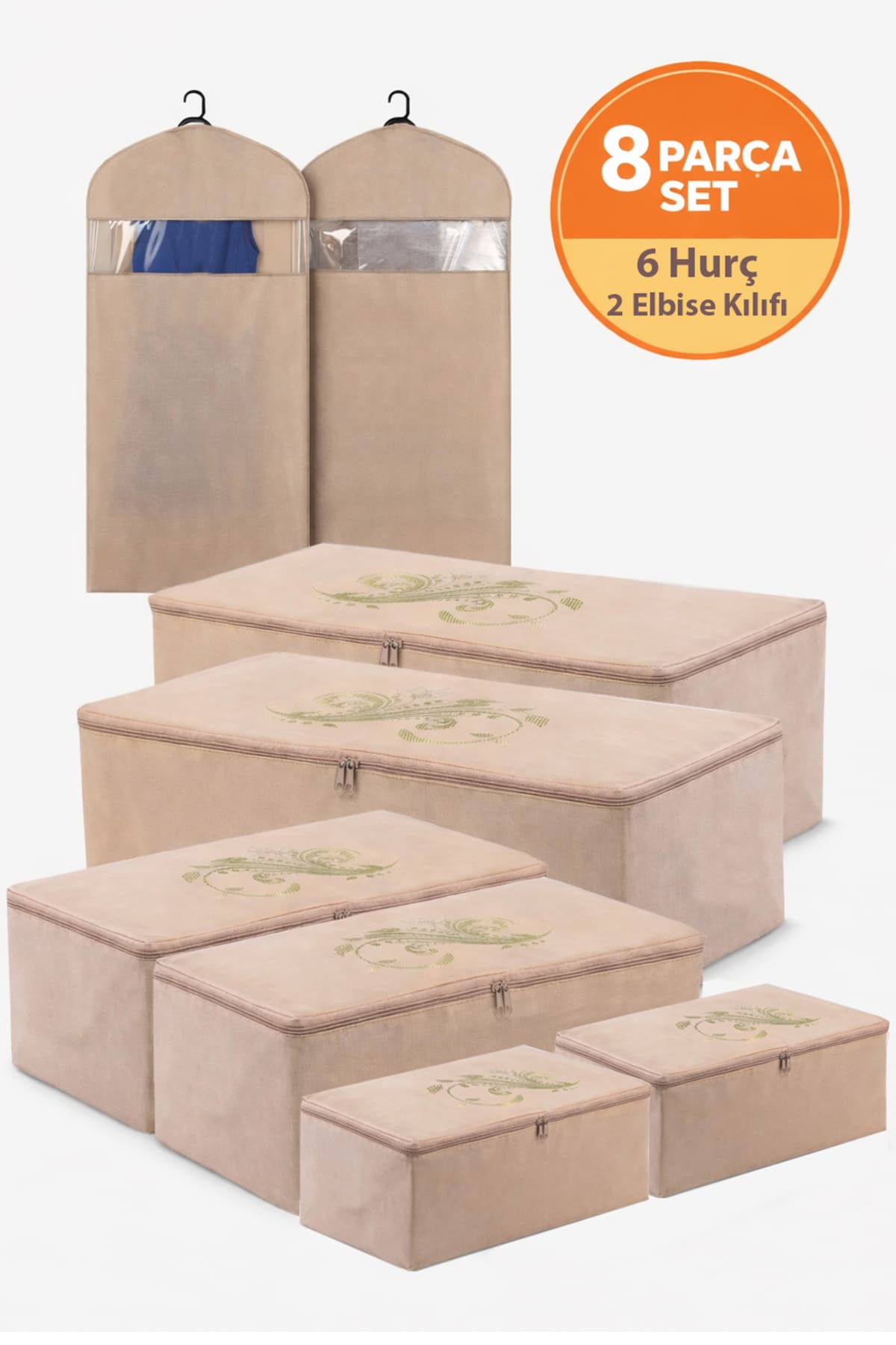 umbellatum 8 Parça Hurç Seti – 2 Mega 2 Büyük 2 Küçük + Elbise Kılıfı – Baza Altı Organizer Saklama Hurcu