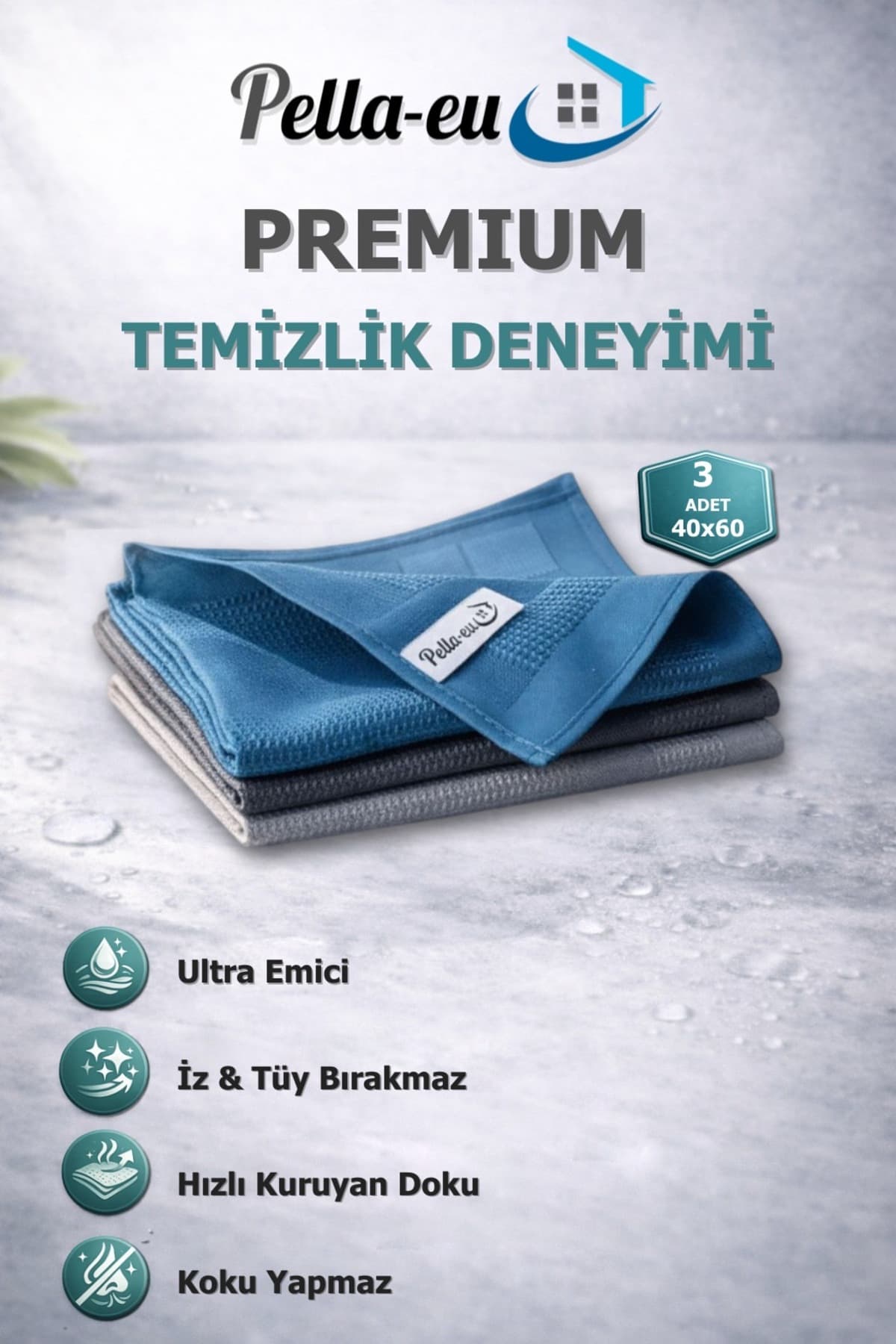 Pella-EU Pella 3lü Mikrofiber genel temizlik bezi, Cam, Araba, Mutfak(40*60)