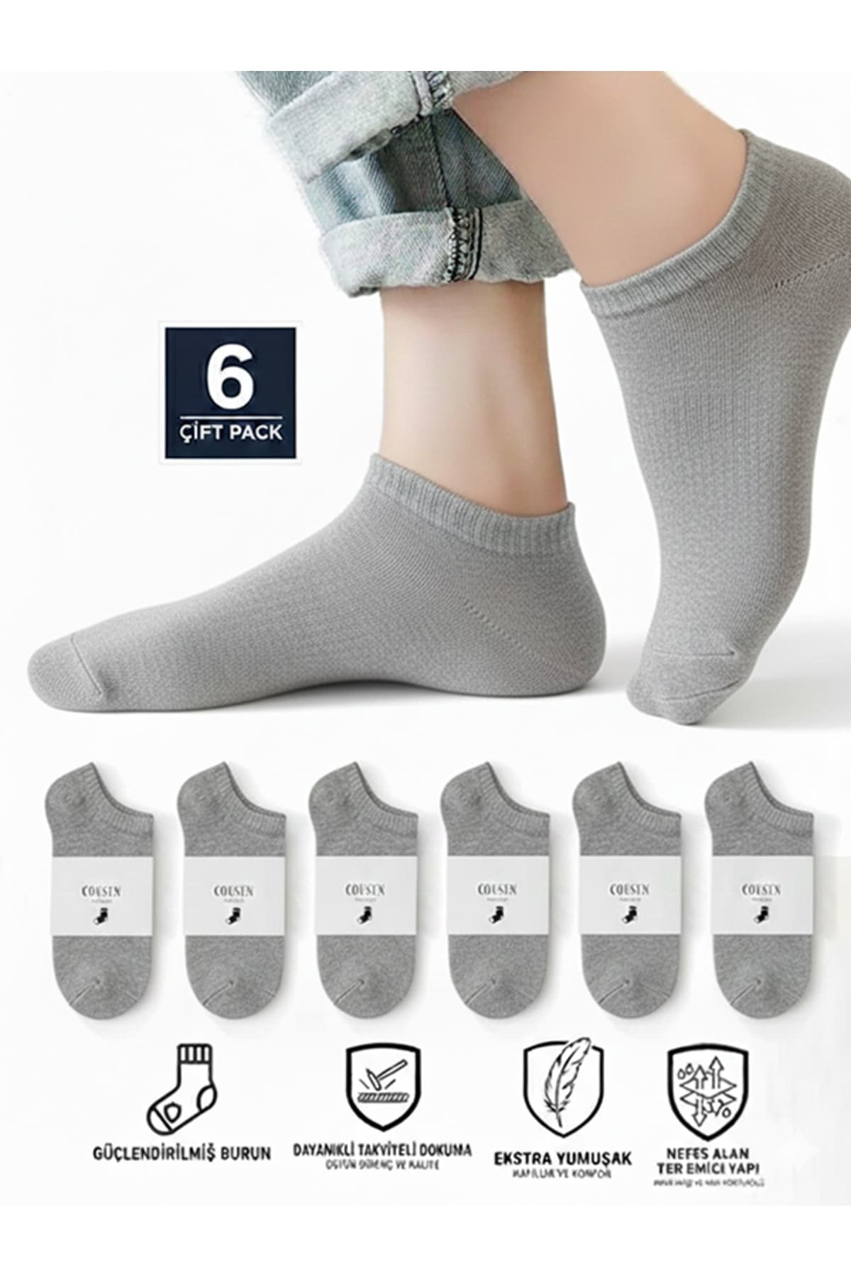 Cousen 6' Lı GRİ Unisex Pamuklu Patik Çorap Seti Ekonomik Paket Günlük Spor Cool Comfort