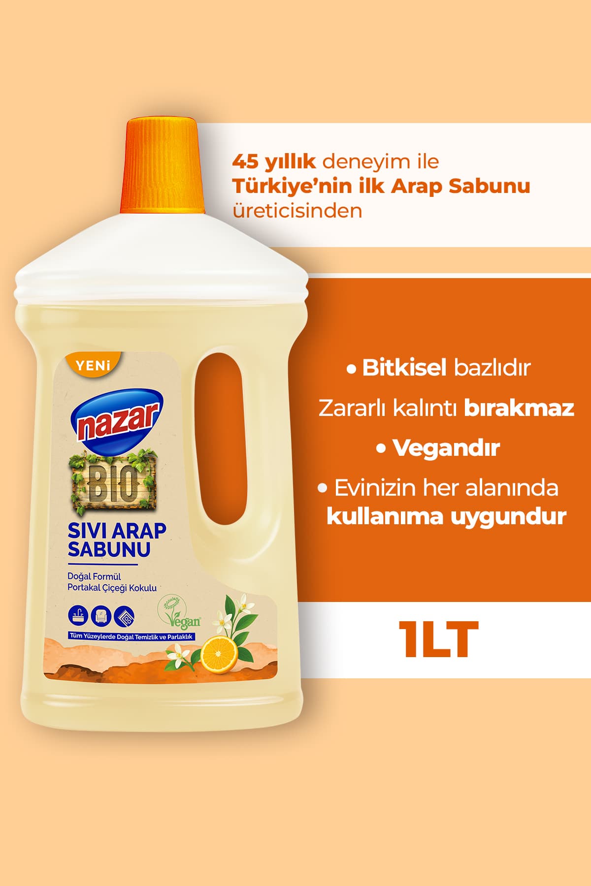 Nazar Sıvı Arap Sabunu - %100 Doğal Ve Güçlü Temizlik, Portakal Çiçeği Kokulu Sıvı Arap Sabunu 1000 Ml