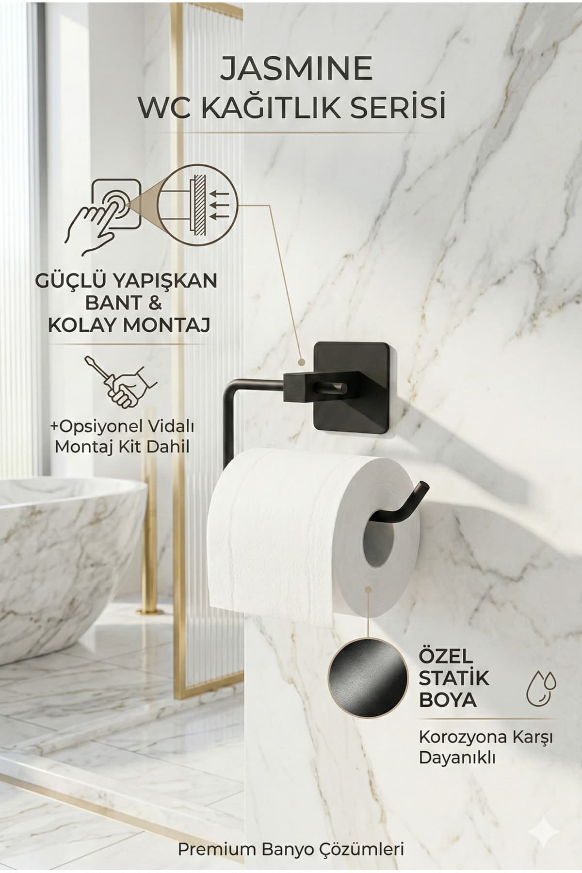 Alper Banyo Jasmin Yapışkanlı Siyah Kare Açık Tuvalet Kağıtlığı, Wc Kağıtlık, Tuvalet Kağıdı Askısı