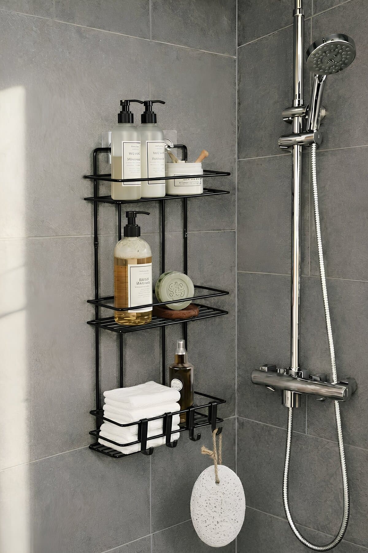 Sas Haus 3 Katlı Siyah Yapışkanlı Banyo Rafı, 2 Kancalı Şampuanlık Düzenleyici, Metal Banyo Askısı