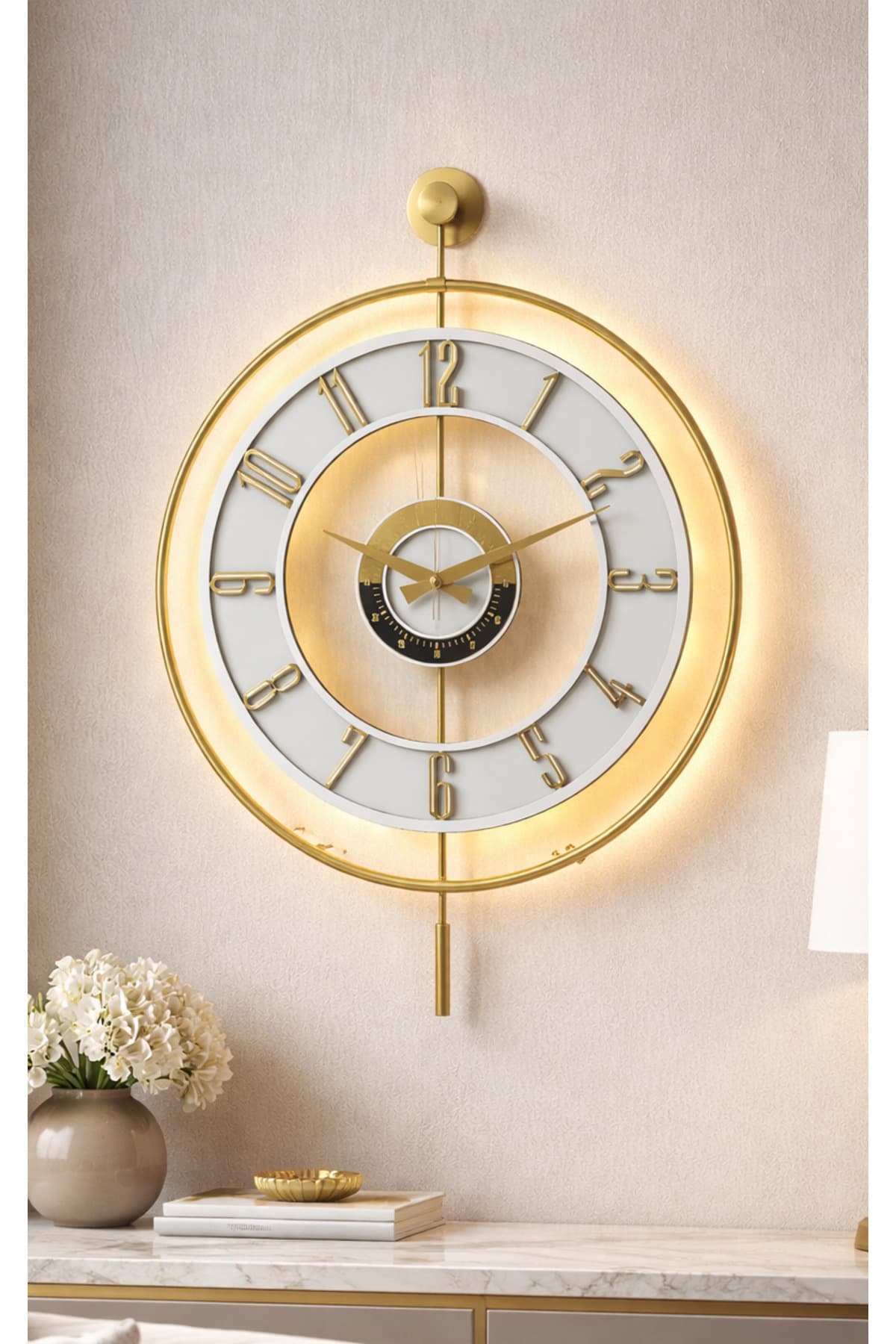 Pey Aksesuar Metal Camlı Duvar Saati 50 X 70 Cm Orta Boy Işıklı Gerçek Cam M51-gold-şeffaf-beyaz-gold