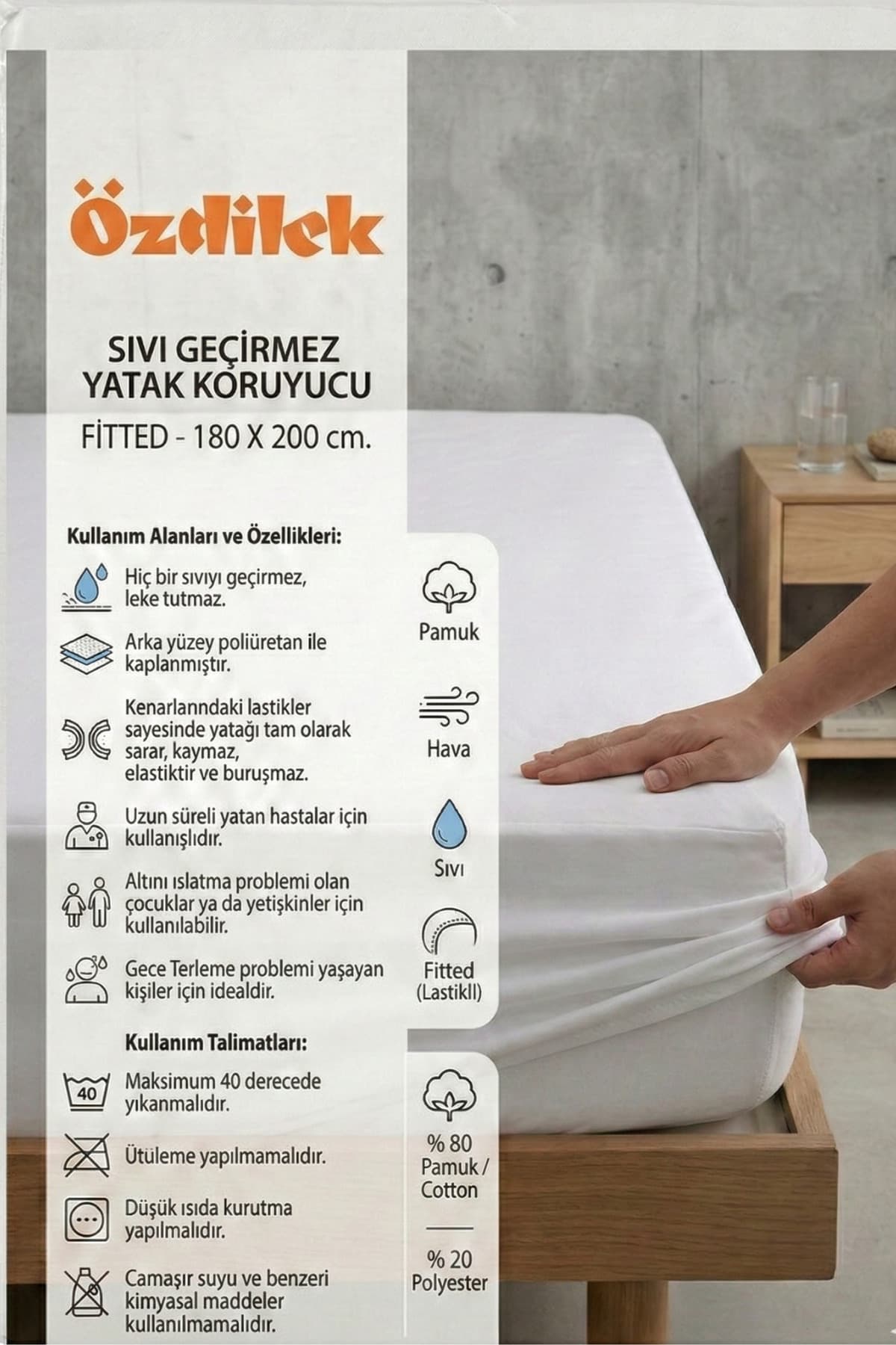 Özdilek 180x200 Battal Boy Sıvı Geçirmez Fitted Alez Yatak Koruyucu