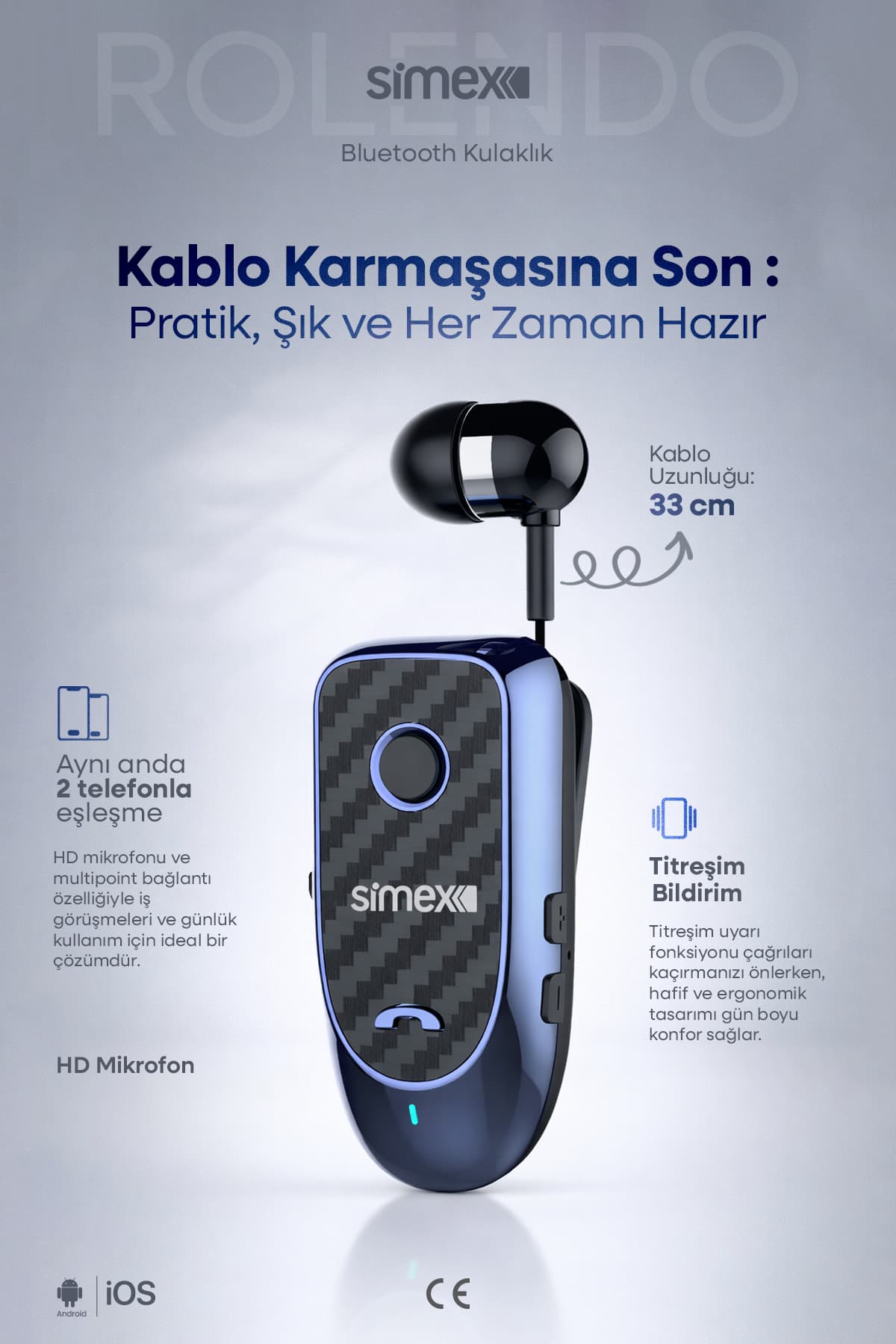 Simex Makaralı Titreşimli Bluetooth Kulaklık - Yaka Askılı Makaralı Kulaklık - Rolendo