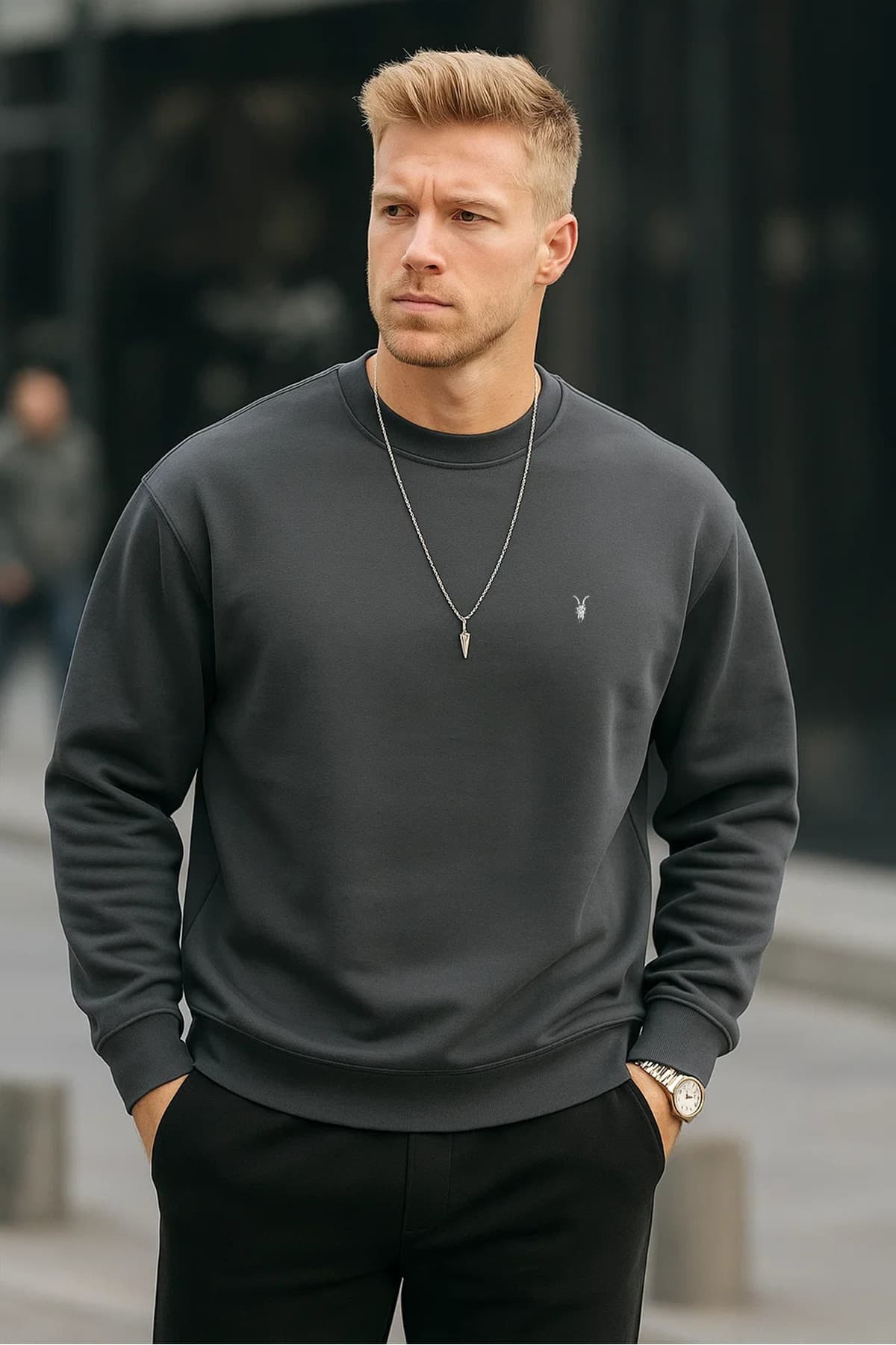 COMBİNE MİCHAİL Füme Renk Basic Bisiklet Yaka Relaxed Regular Erkek Sweatshirt