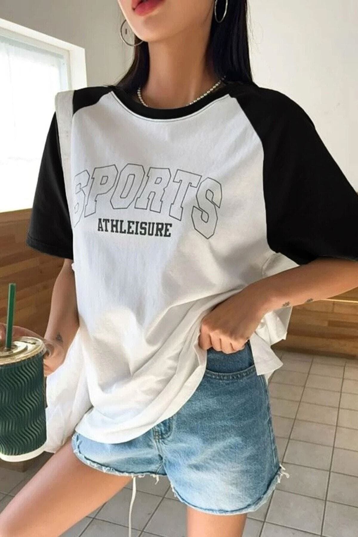 MARECASH Unisex Reglan Kol Siyah Beden Beyaz Sports Baskılı Bisiklet Yaka Oversize Boyfriend T-shirt