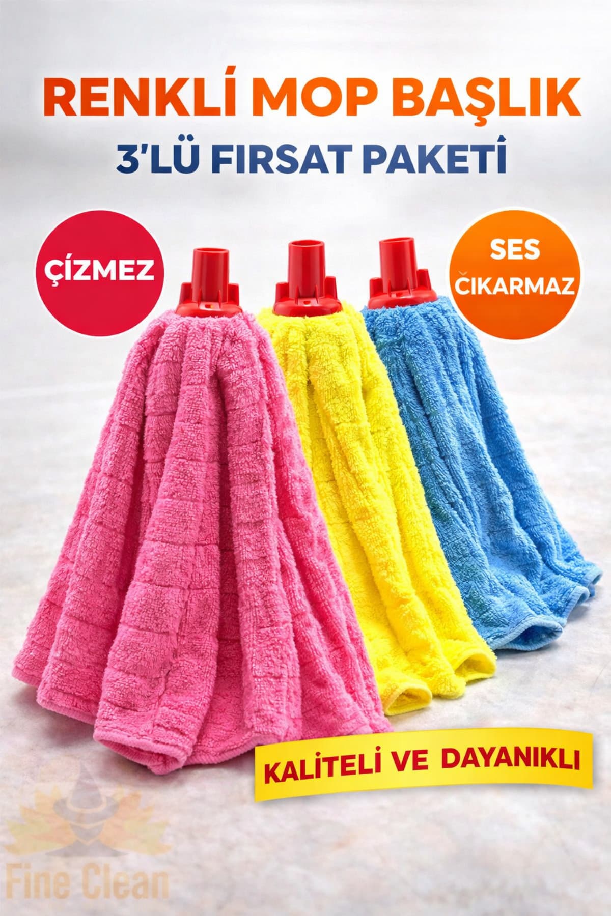 Fine Clean (3 ADET) Mikrofiber Havlu Paspas Mop Yedek Ucu , Alt Kısmı Dolgulu Çizmez