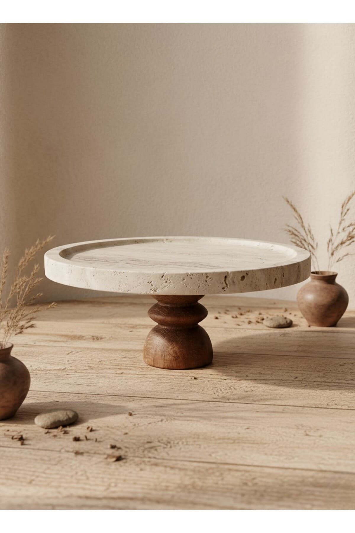 FARALYAHOME Doğal Traverten Mermer 25x2 CM Chintika Ahşap Ayaklı Sunumluk Kek Standı Sunum Tabağı