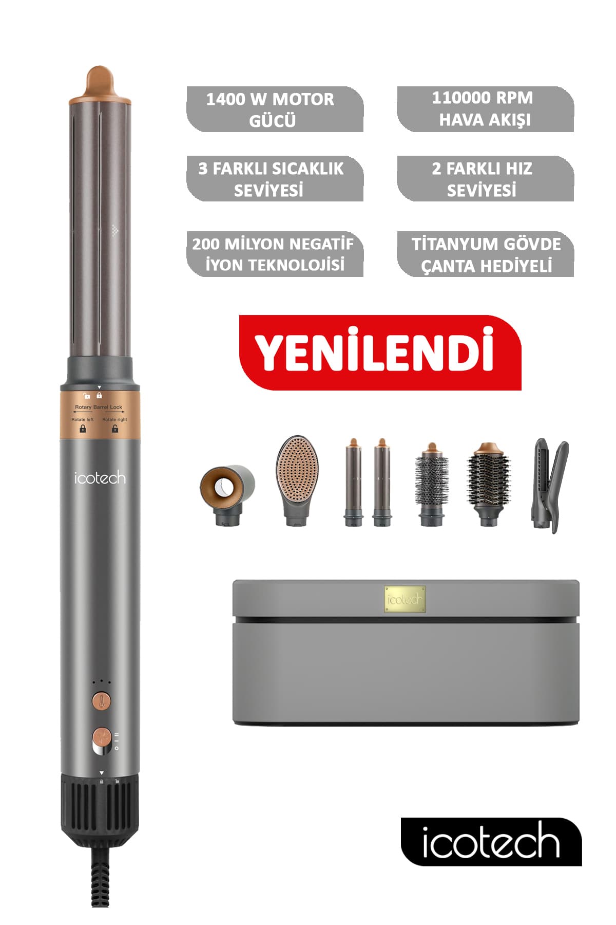 icotech Hs60 Gri 7 In 1 Multi Styler Saç Şekillendirici Saç Maşası Hava Üflemeli Saç Şekillendirici