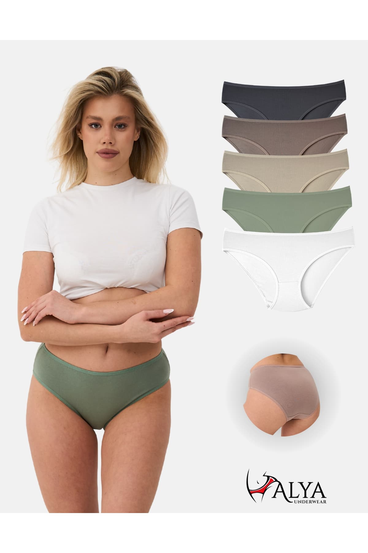 ALYA UNDERWEAR Kadın Pamuklu Renkli Bato / Hipster Slip Külot- Yeşil, Füme, Taş, A Kahve, Ekru 5'li Paket