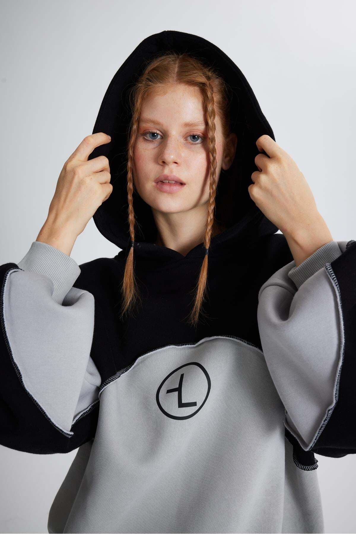 Holly Lolly Şardonlu 3 İplik Kumaş Oversize Kapişonlu Revenge Sweatshirt Gri