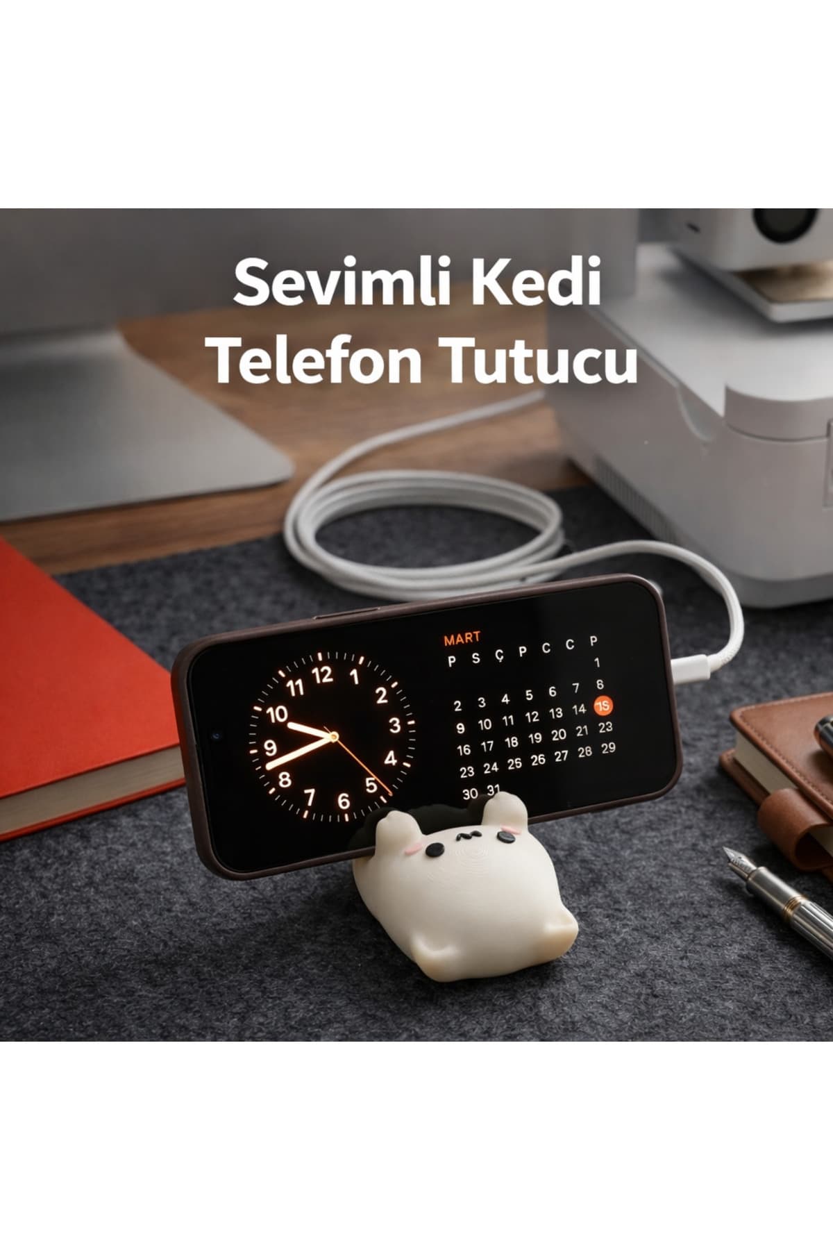 Lucylund Kedi Figürlü Telefon Tutucu Telefon Standı Ofis, Çalışma Masası ve Komidin Aksesuarı İthal Tasarım