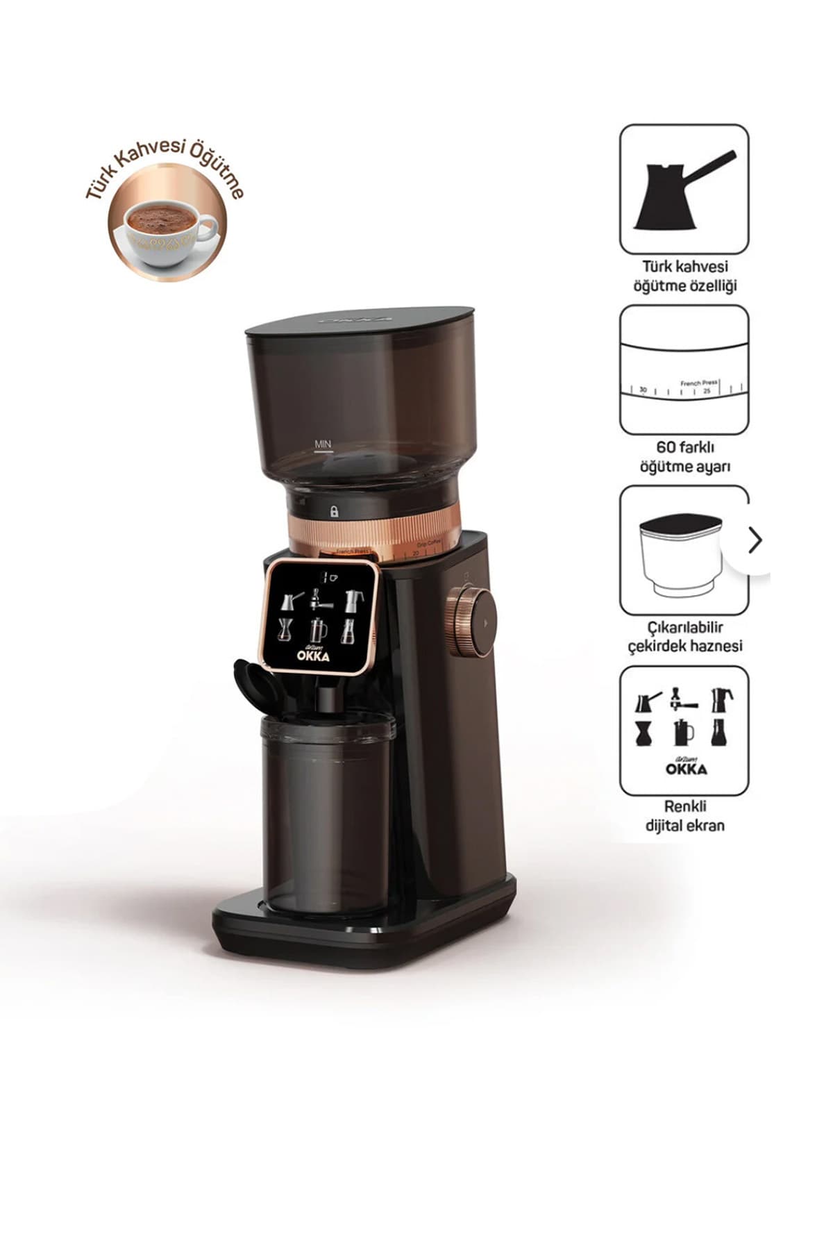Arzum OK0044 Okka Master Grind Kahve Öğütücü, 60 Öğütme Ayarlı, Dijital Ekranlı, Bakır