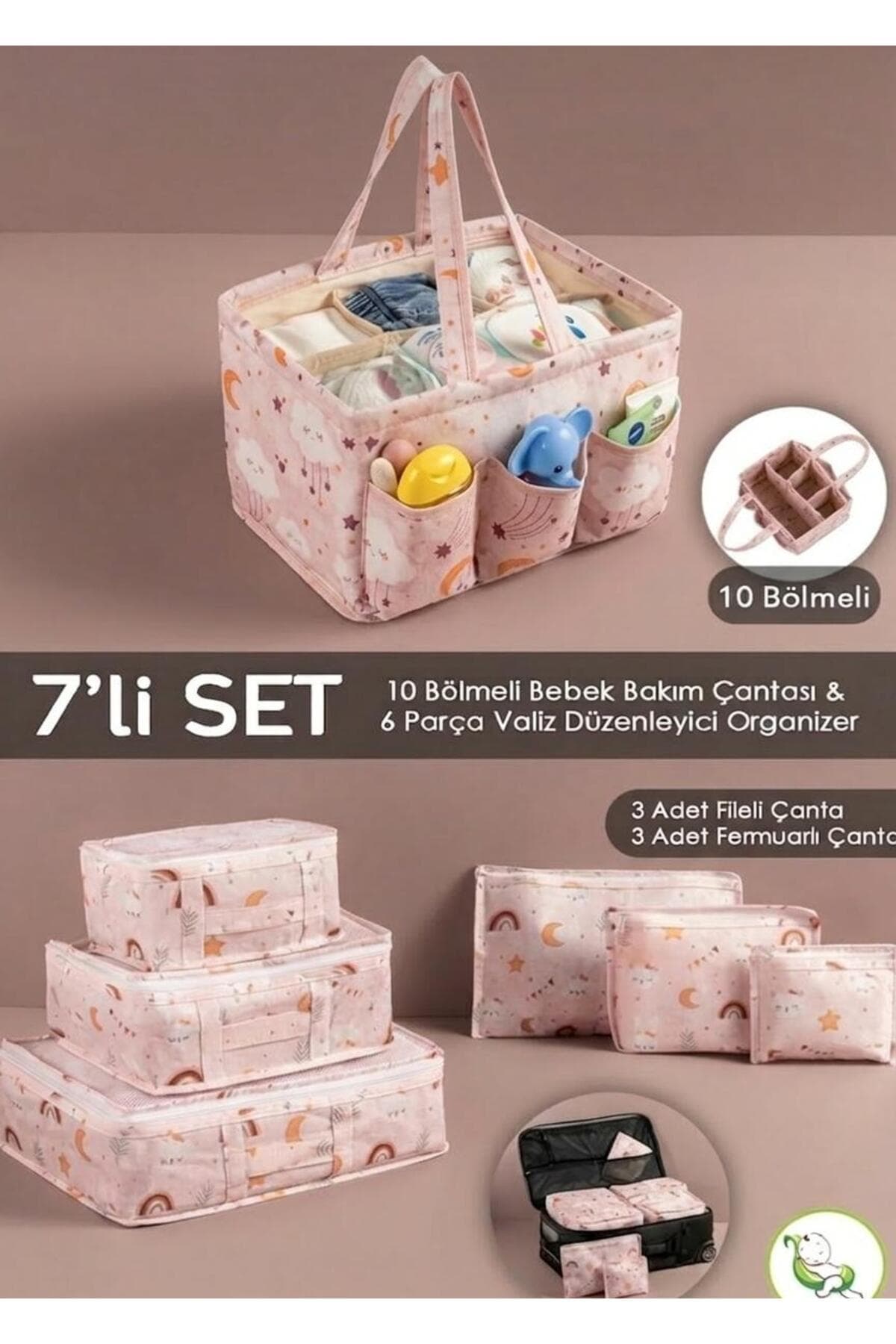 MorBebe 7li Set I 6'lı Set Desenli Bavul Valiz Içi Çok Amaçlı Organizer I Taşınabilir Bakım Çantası 2 li Set
