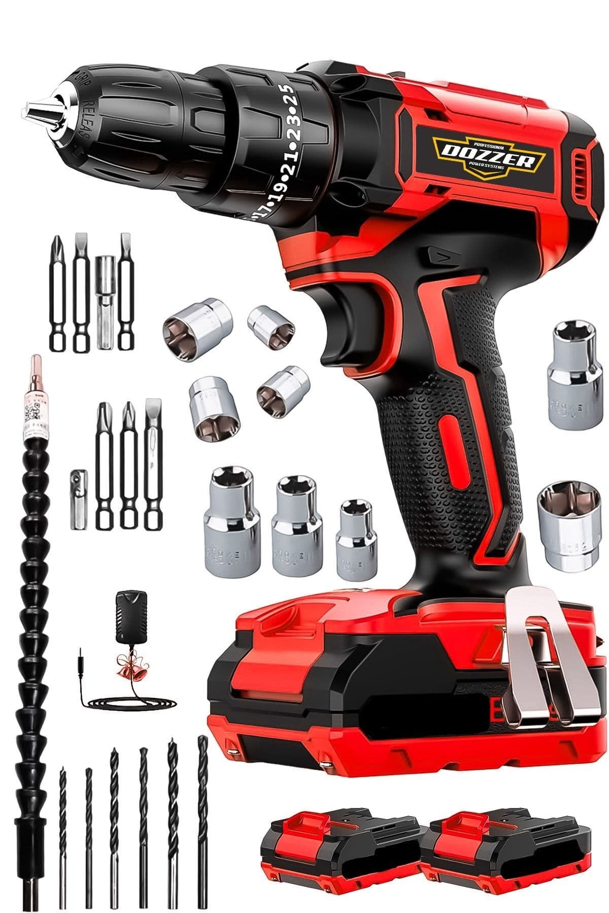 DOZZER Alman Hard-x2560 Çelik Şanzuman 27 Parça Set Bakır Sargılı 2x Akülü Şarjlı Vidalama Matkap