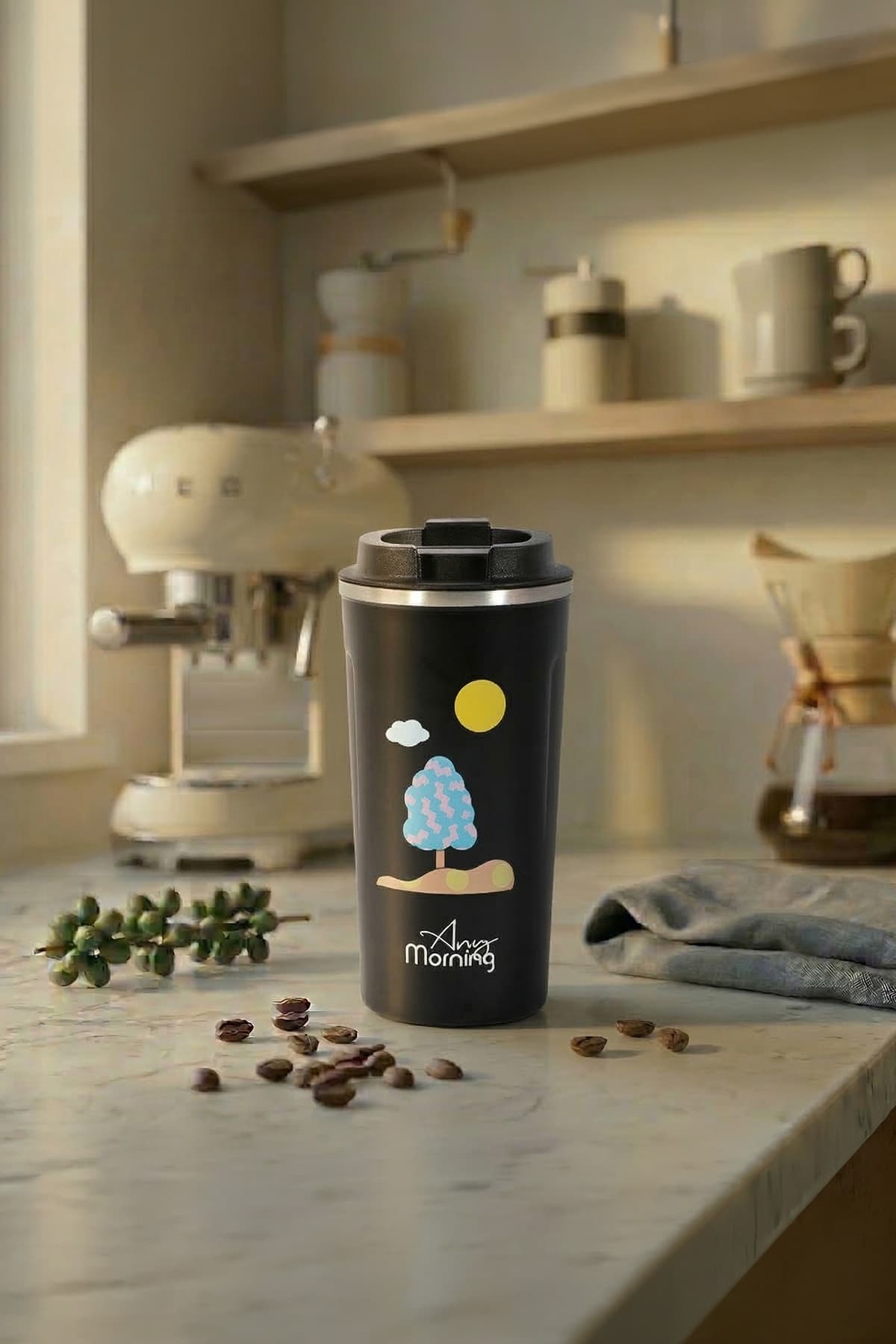 Any Morning 510 ml Paslanmaz Çelik Termos Mug, 6 Saat Sıcak, 10 Saat Soğuk, Siyah SK22016