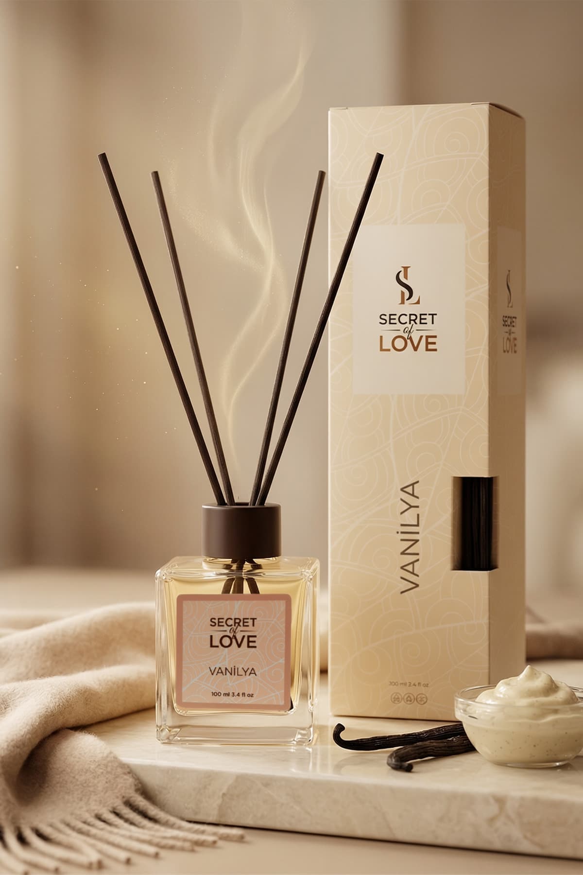 SECRET OF LOVE Premium Cam Şişede Bambu Çubuklu Vanilya Oda Kokusu 100 ml - Sıcak, Yumuşak ve Davetkar Ev ve Ofis Kokusu