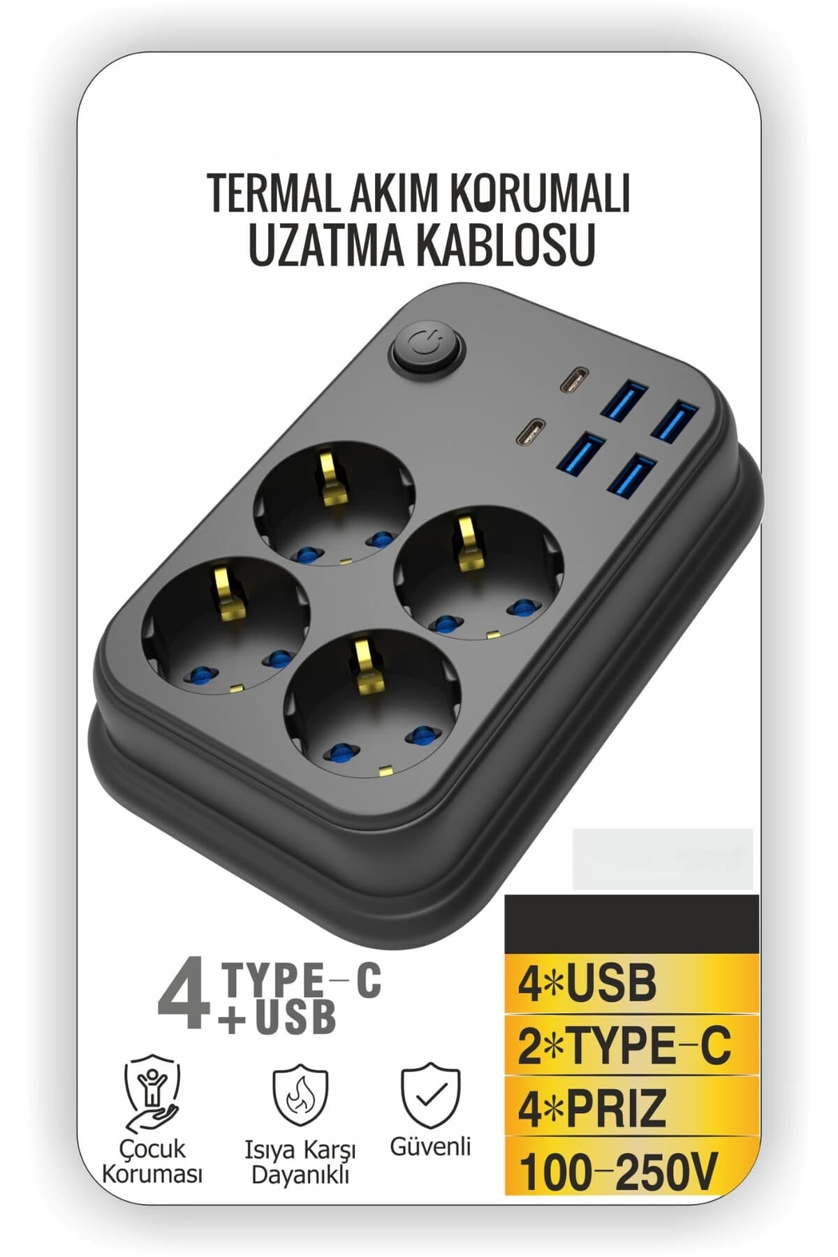 asua Akım Korumalı 4’lü Priz 2x USB-C 4x USB-A Şarj 2m Kablo Uzatma Çocuk Korumalı Çoklu Priz