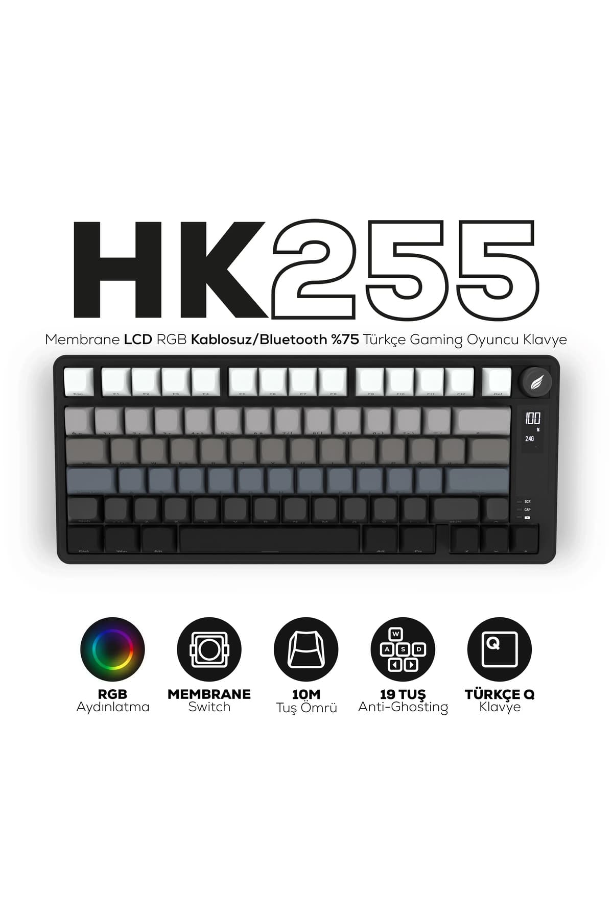 Hawk Gaming Chair HK255 Membrane LCD RGB Kablosuz/Bluetooth Siyah Gradyan %75 Türkçe Gaming Klavye