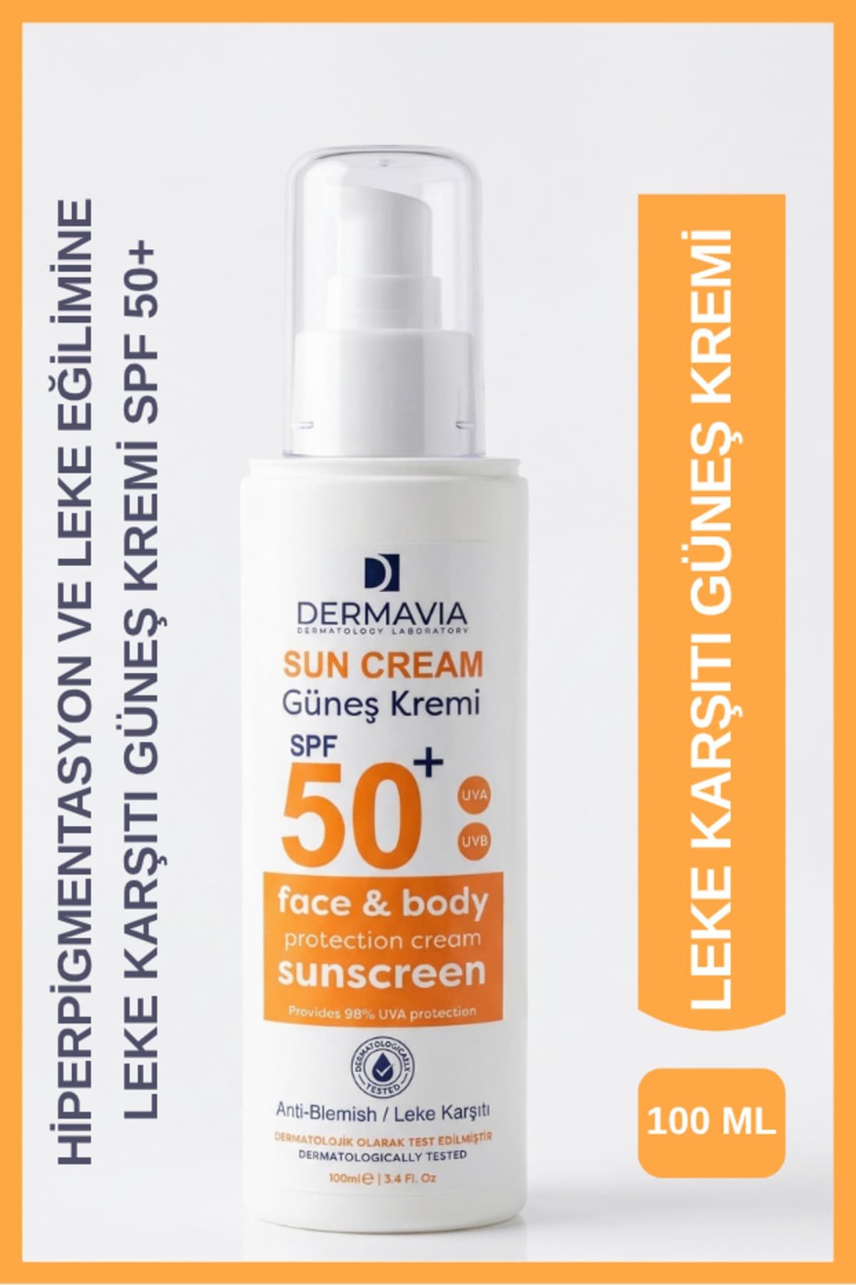Dermavia Spf 50 Yüz Ve Vücut Koruma Leke Karşıtı Güneş Kremi 100 ml - Suya Dayanıklı Karma Ciltler
