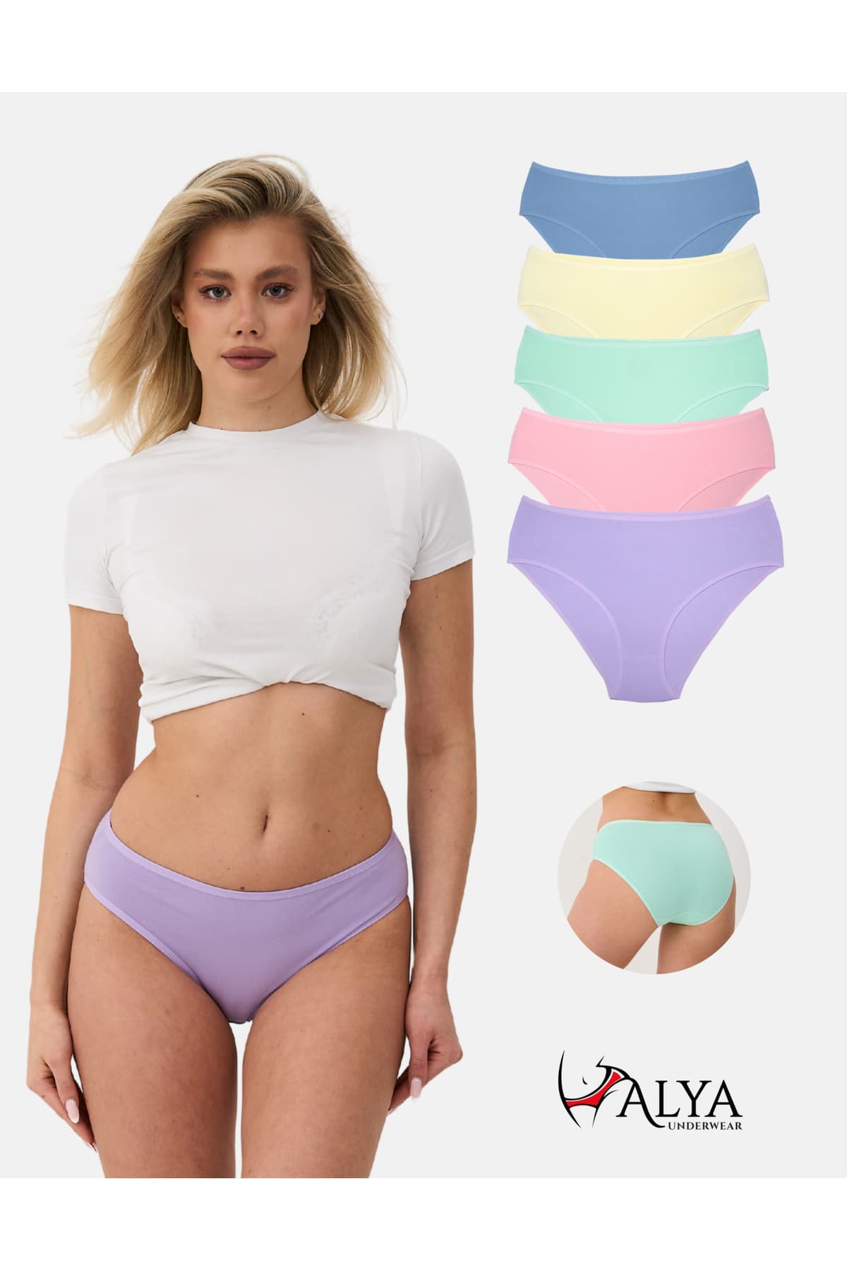 ALYA UNDERWEAR Kadın Pamuklu Renkli Bato / Hipster Slip Külot- Sarı, Mint, Lila, Mavi, Somon -5'li Paket