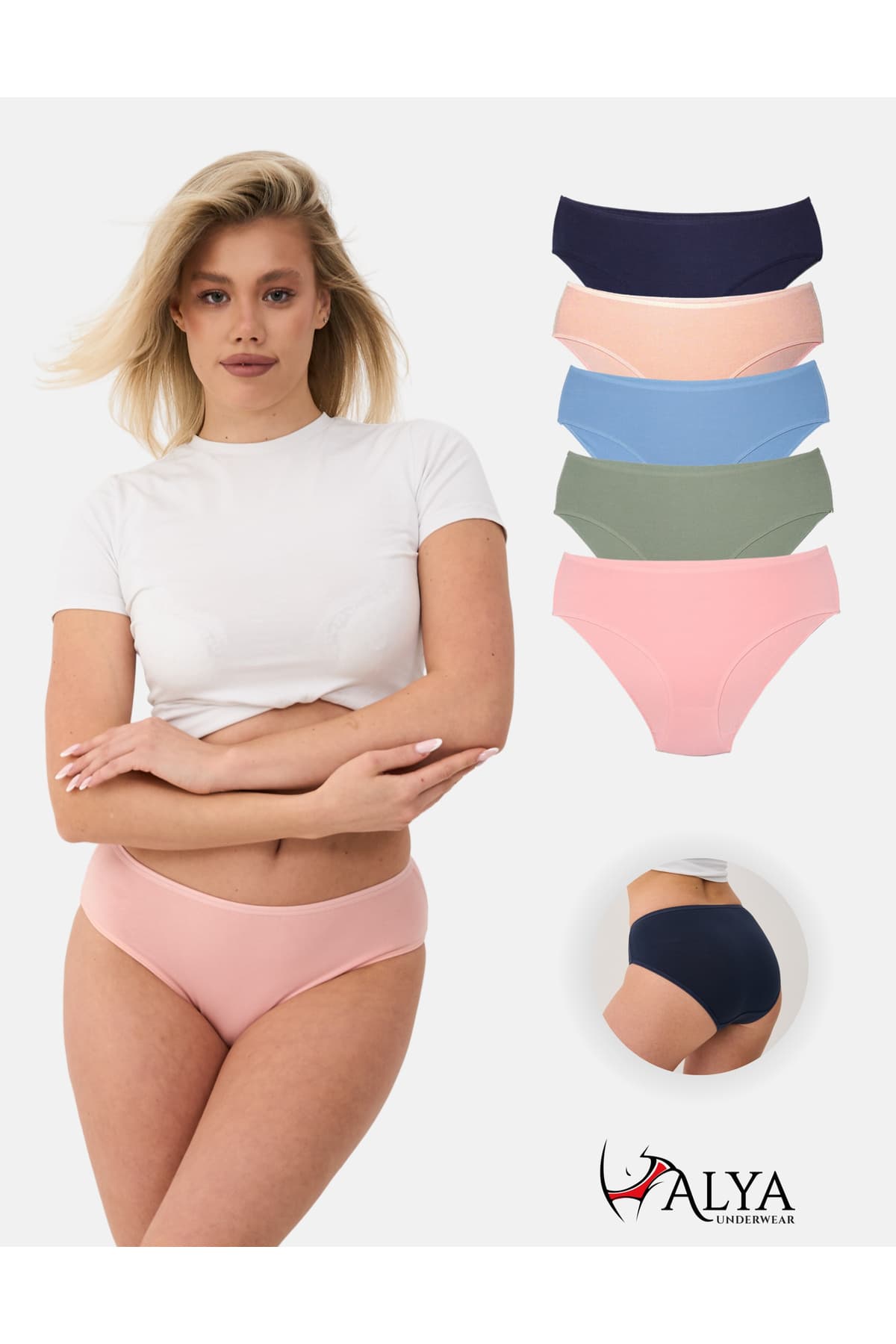 ALYA UNDERWEAR Kadın Pamuklu Renkli Bato / Hipster Slip Külot- Lacivert, Yeşil, Pembe, Pudra, Mavi -5'li Paket