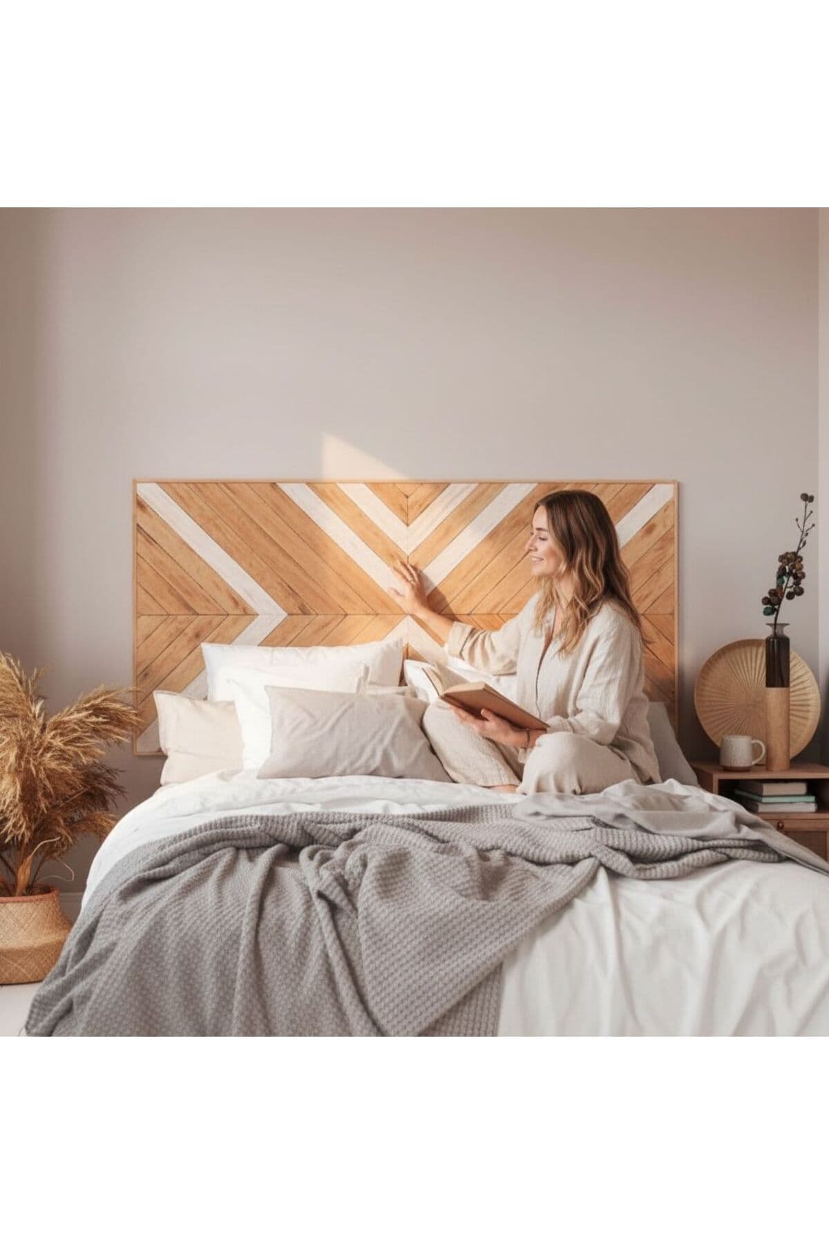 POSTOTTO Yatak Başlığı - Masif Ahşap Geometrik Çift Kişilik Yatak Başlığı - Modern & Boho Tasarım 170x85
