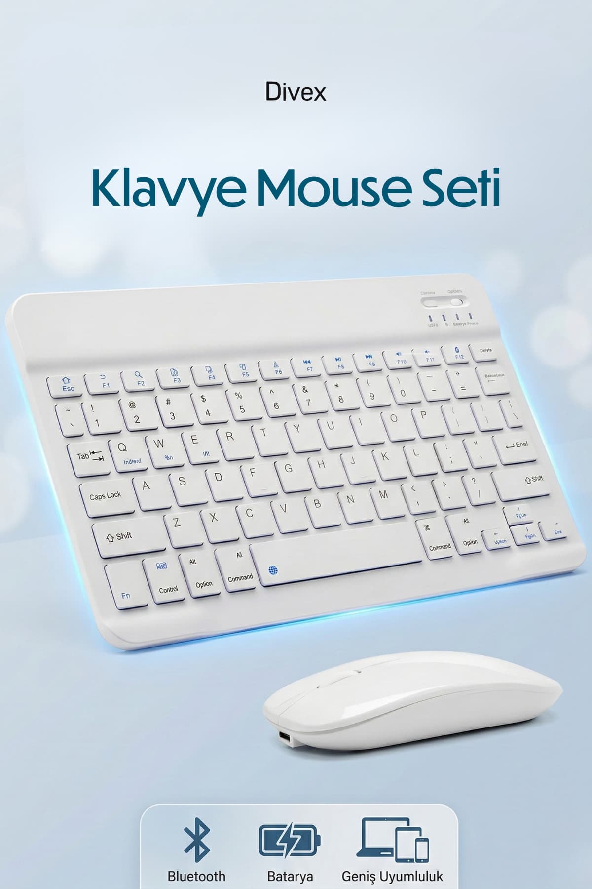 Divex Ultra İnce Bluetooth Klavye Mouse Seti Tablet ve Telefon Uyumlu, Taşınabilir Kablosuz