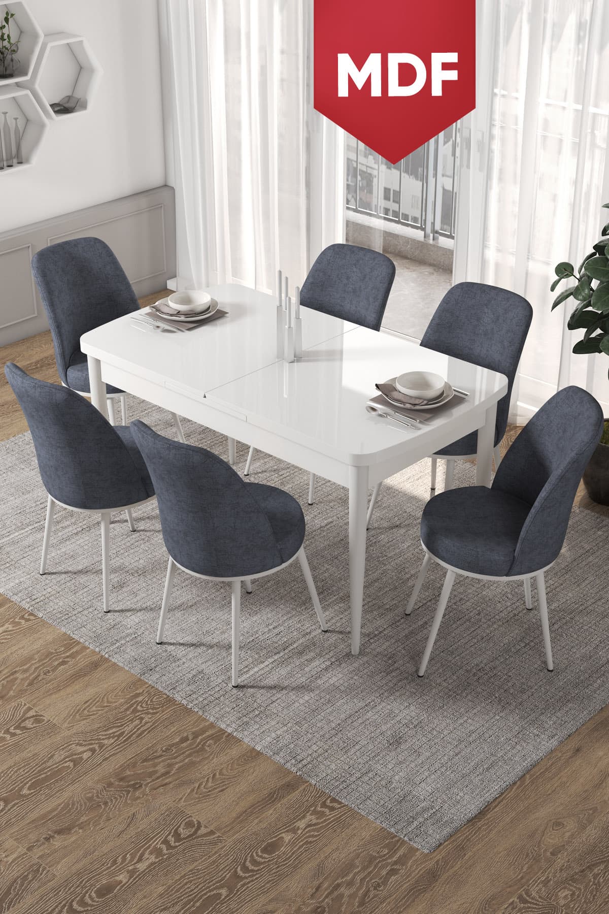 Canisa Concept Kor Serisi 70x114 Açılabilir MDF Mutfak Masası Takımı Beyaz Masa 6 Füme Sandalye