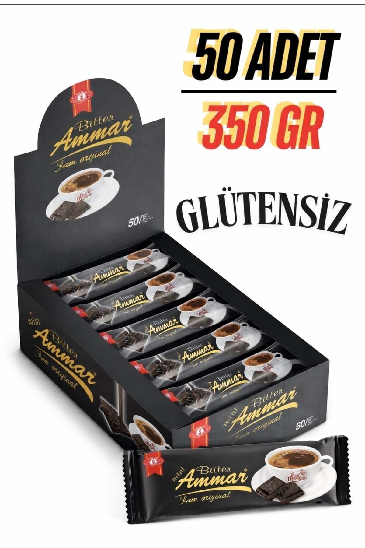 AMMAR Bitter Çikolata %25 Kakao'lu, Glutensiz (50 Adet/350GR) Kahve Yanı, İkramlık, Hediyelik