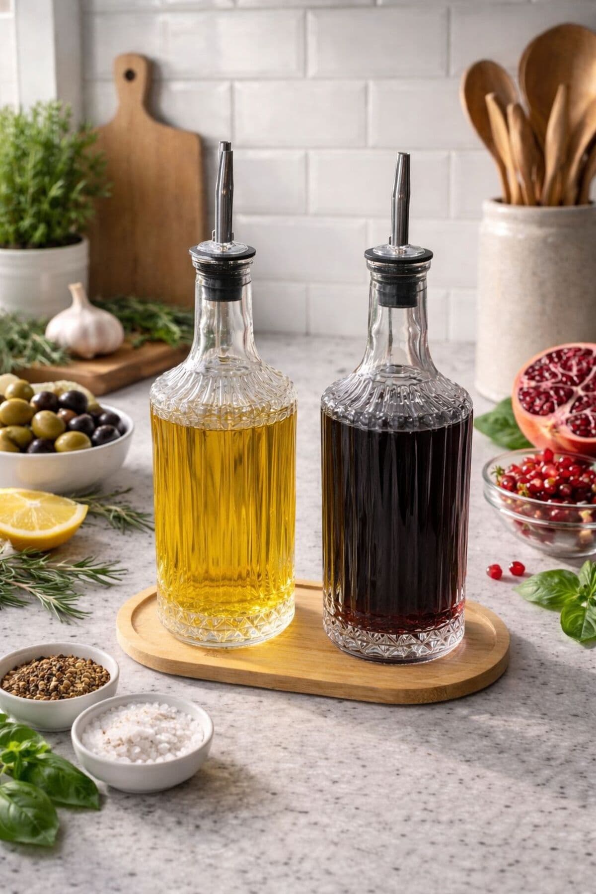 isra kristal Ahşap Stantlı 2'li Cam 750 ml Zeytinyağı Sıvıyağ Şişesi Yağdanlık - Yağdanlık Seti 2’li Cam