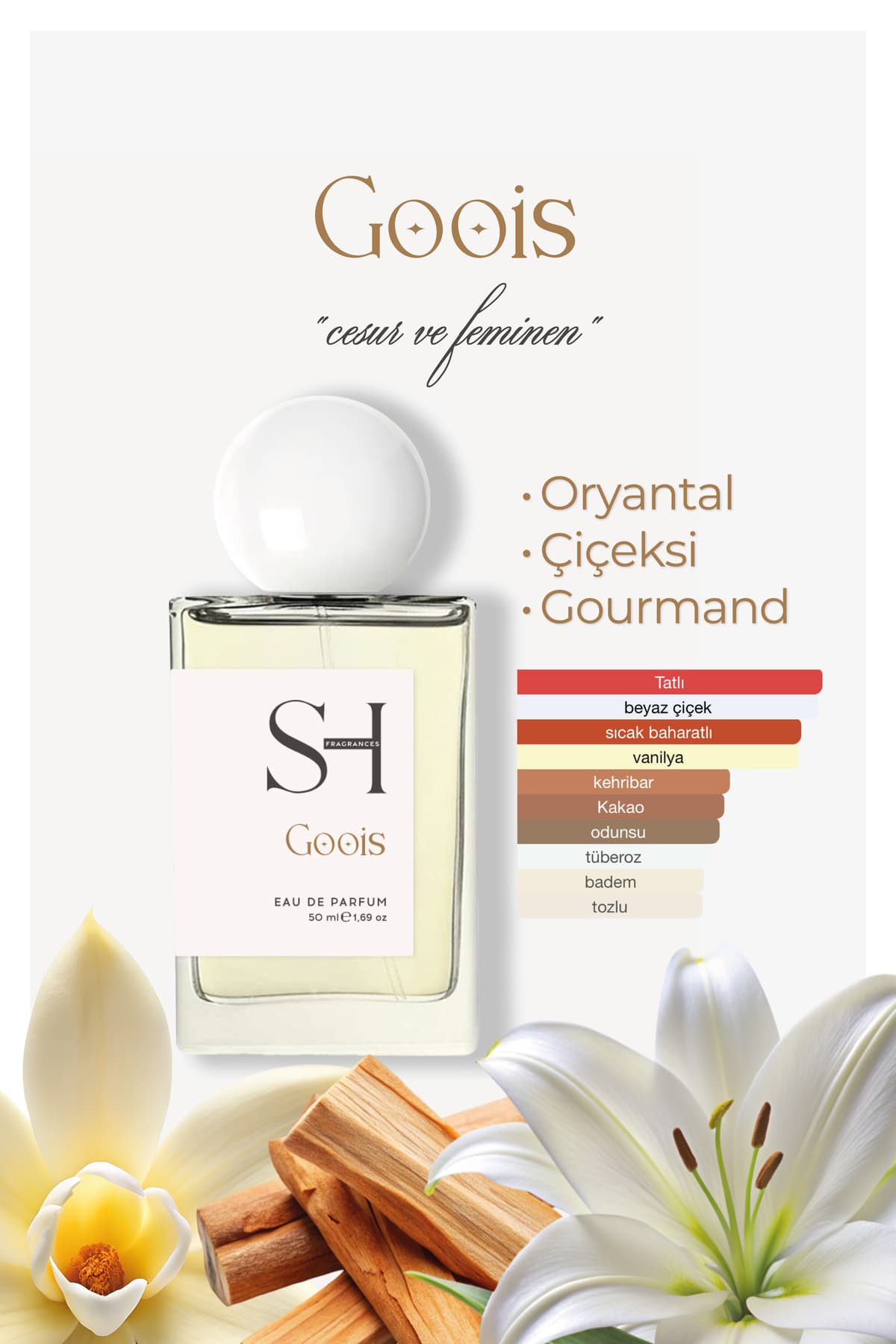 SH FRAGRANCES Goois EDP Kadın Parfüm | tatlı-acı badem | zengin çiçeksi | sıcak-odunsu, 50ml