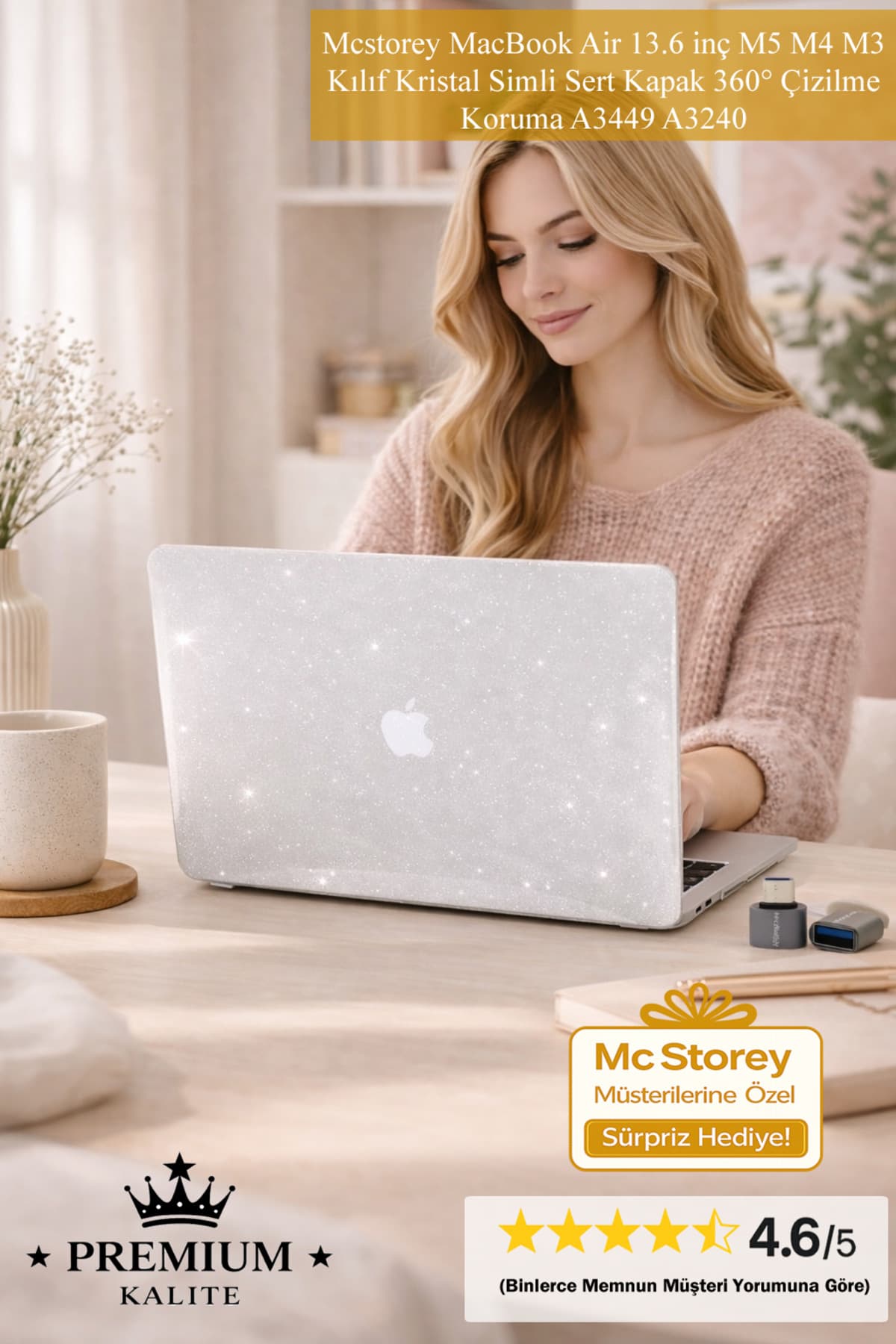Mcstorey MacBook Air 13.6 inç M5 M4 M3 Kılıf Kristal Simli Sert Kapak 360° Çizilme Koruma A3449 A3240
