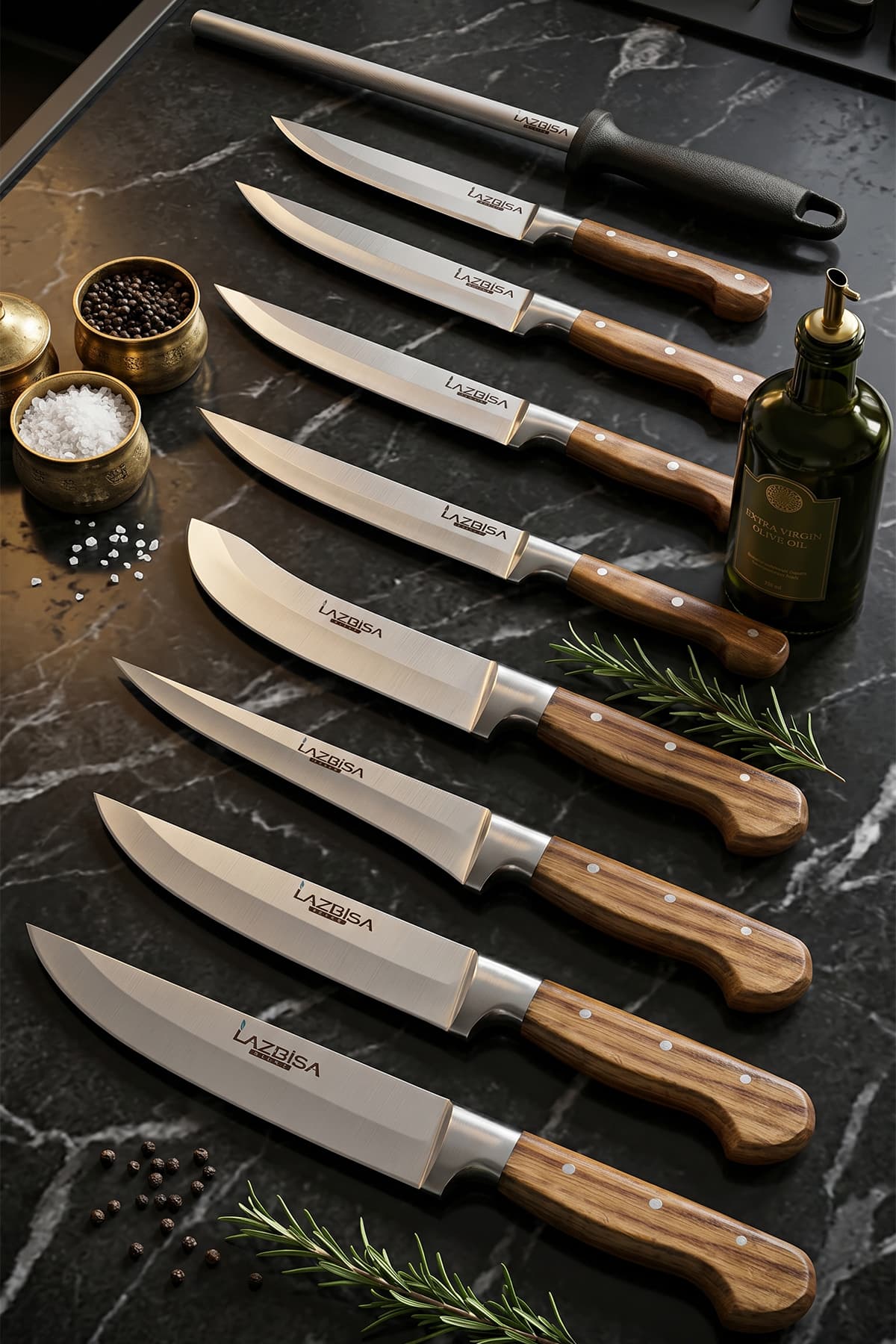 LAZBİSA Hand Craft Mutfak Bıçak Seti Et Ekmek Sebze Bıçağı Masat 9 Lu Set Günlük Kullanım ( Mtf-257 )