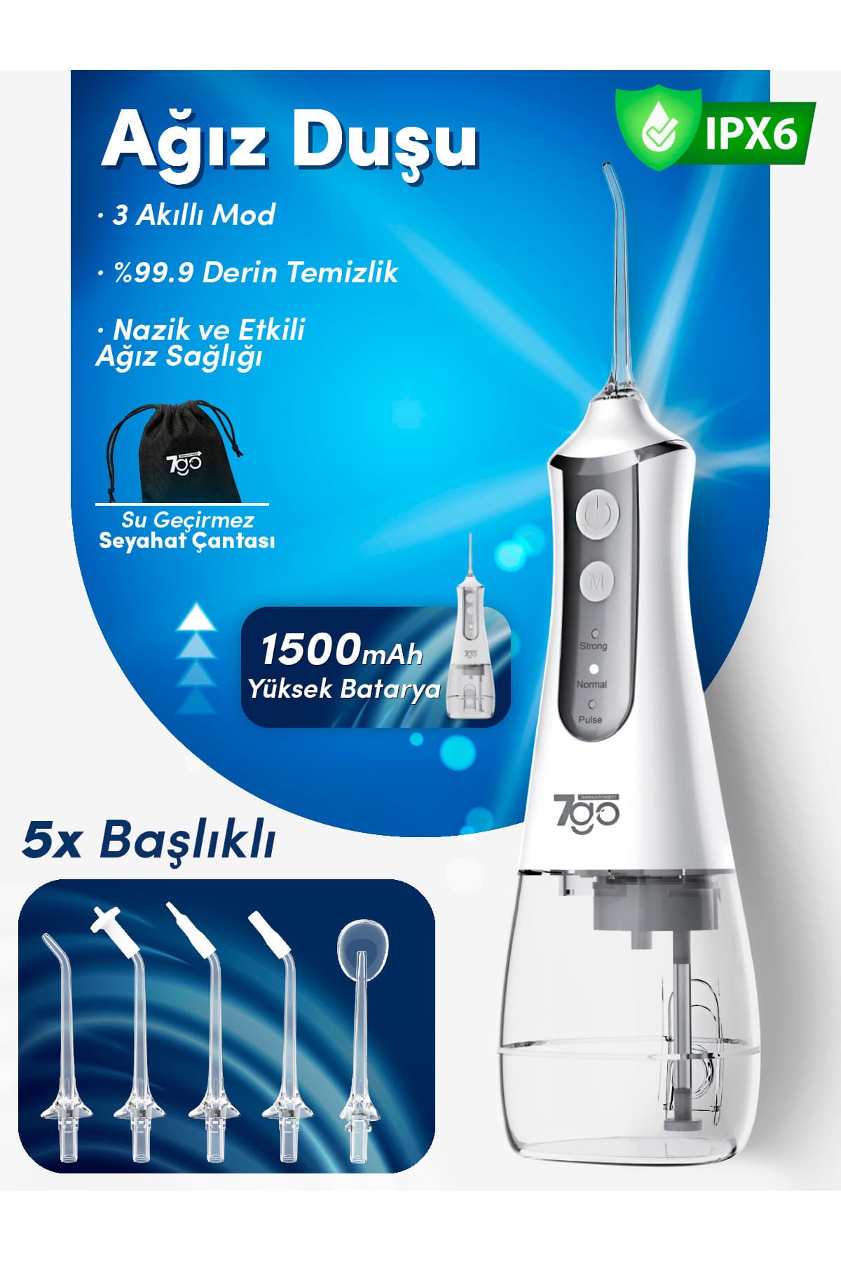 7Go 7Gmf1 Şarjlı Ağız Duşu (Water Flosser) – 300Ml Su Haznesi, 5 Başlıklı Ipx6 Su Geçirmez Diş Temiz