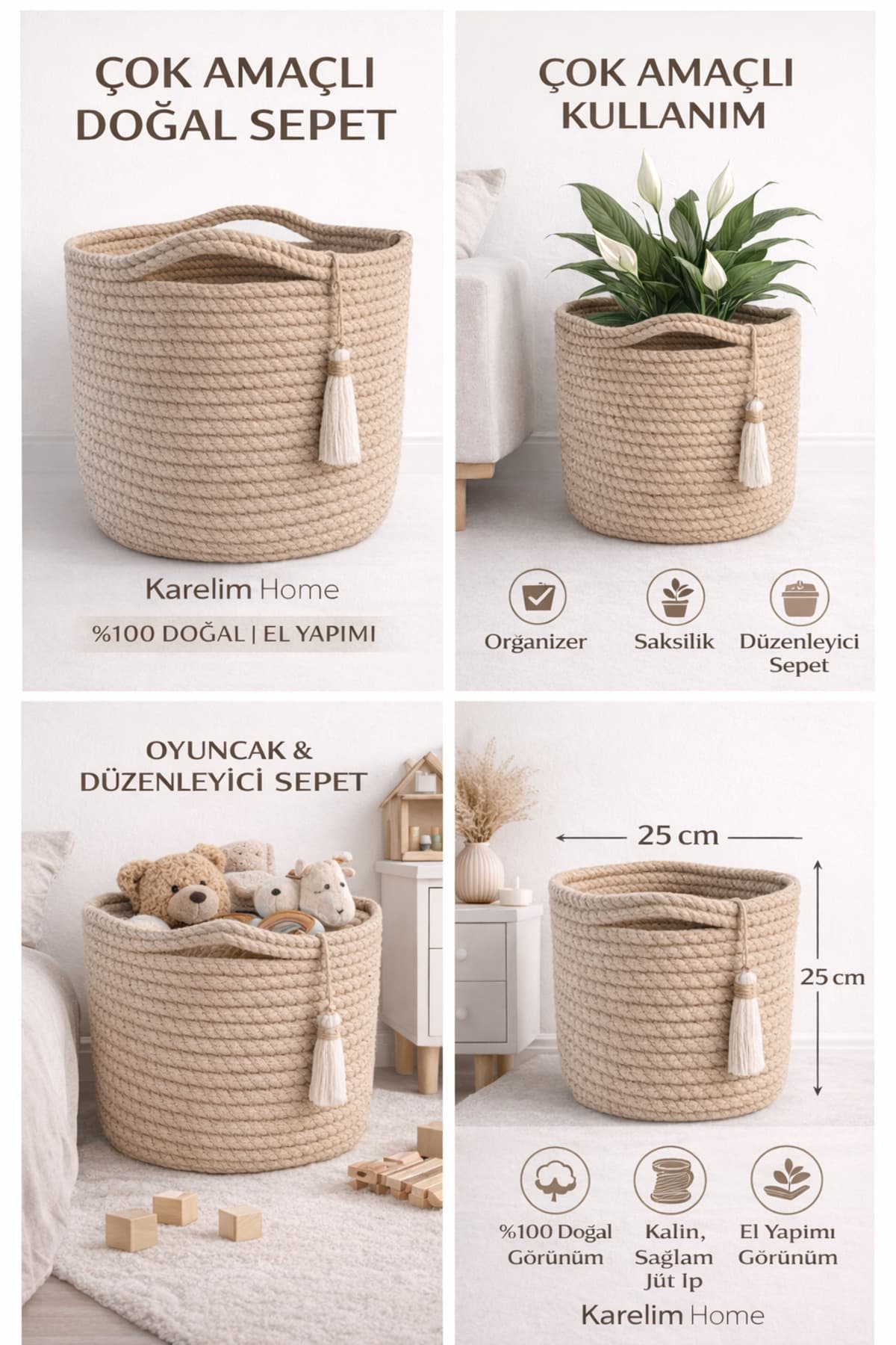 karelim home Çok Amaçlı Bohem Gerçek Hasır Sepet Ev Düzenleyici Hasır Organizer, Saksılık 25 × 25, kahverengi
