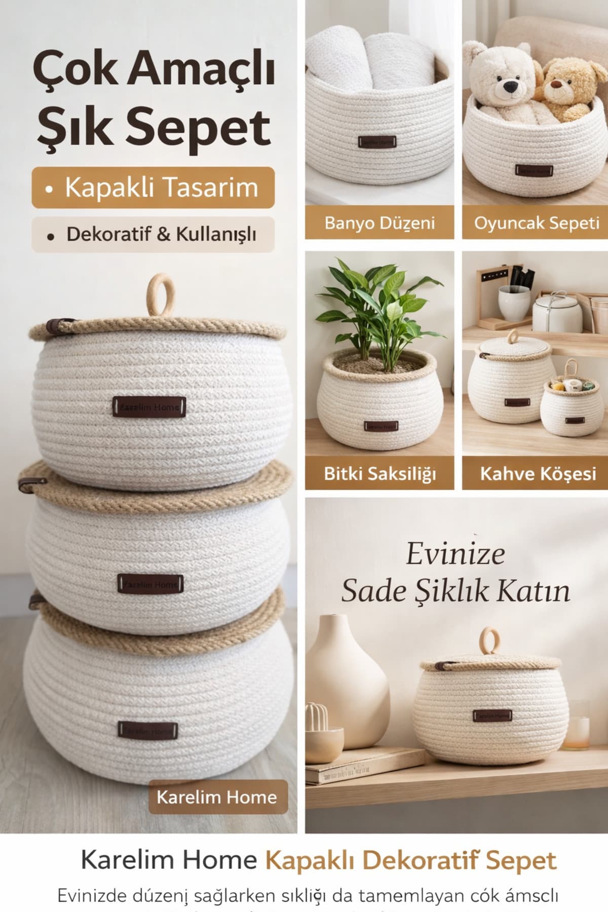 karelim home 3’lü Çok Amaçlı Dekoratif Organizer Jüt Ip Beyaz Sepet Kapaklı Organizer 25 × 15 22 × 12 20 × 12