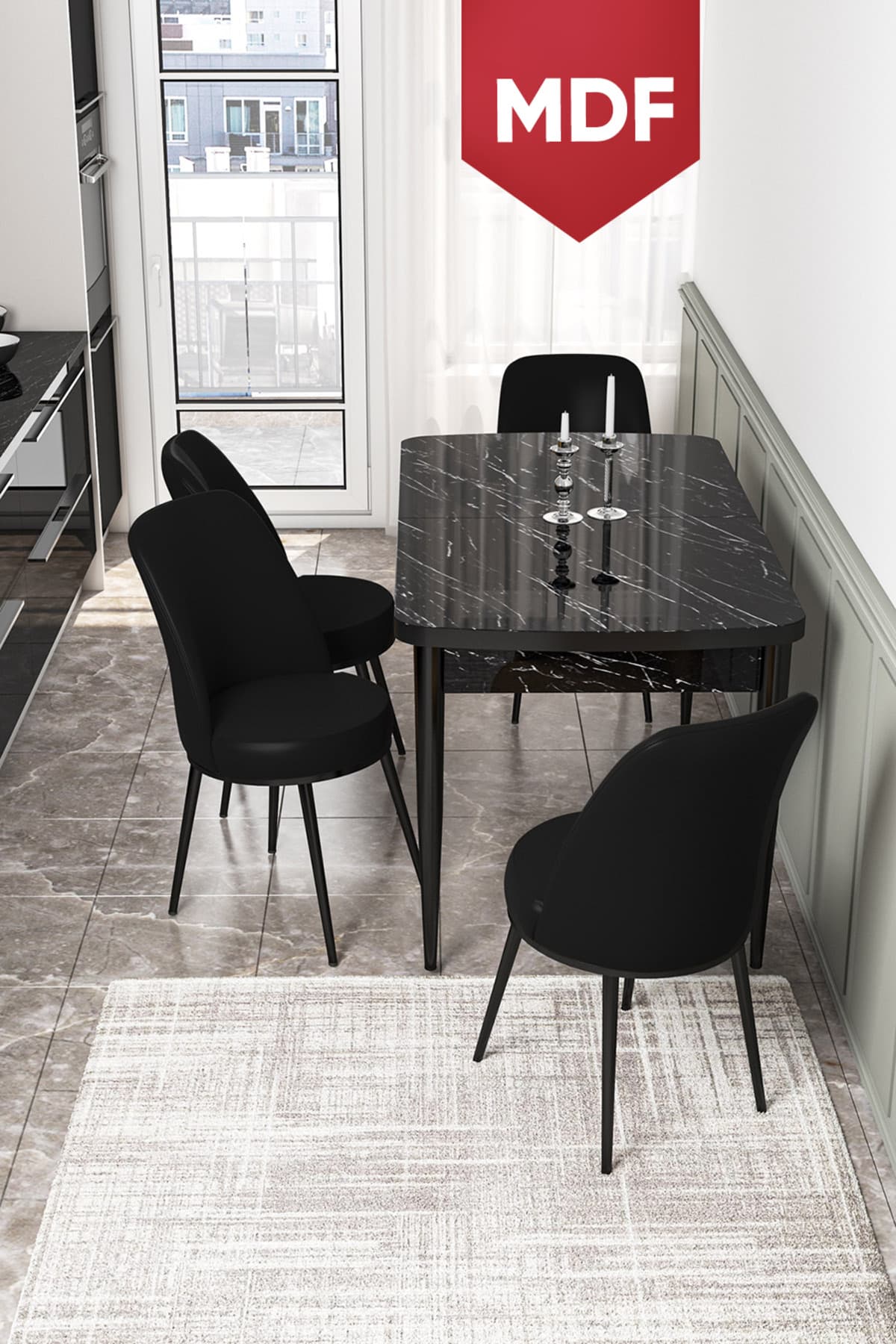 Canisa Concept Kor Serisi 70x114 MDF Açılabilir Mutfak Masası Takımı Siyah Mermer Desen Masa 4 Siyah Sandalye