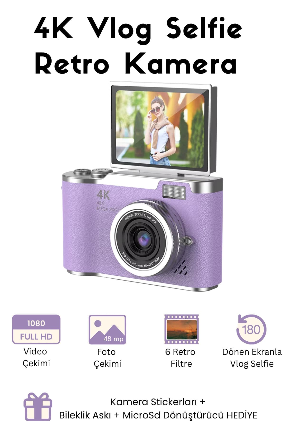 RoseandRoses Sticker Hediyeli Retro Kamera Dönen Ekran Flaşlı Selfie Video Vlog Kamerası 4K+48MP