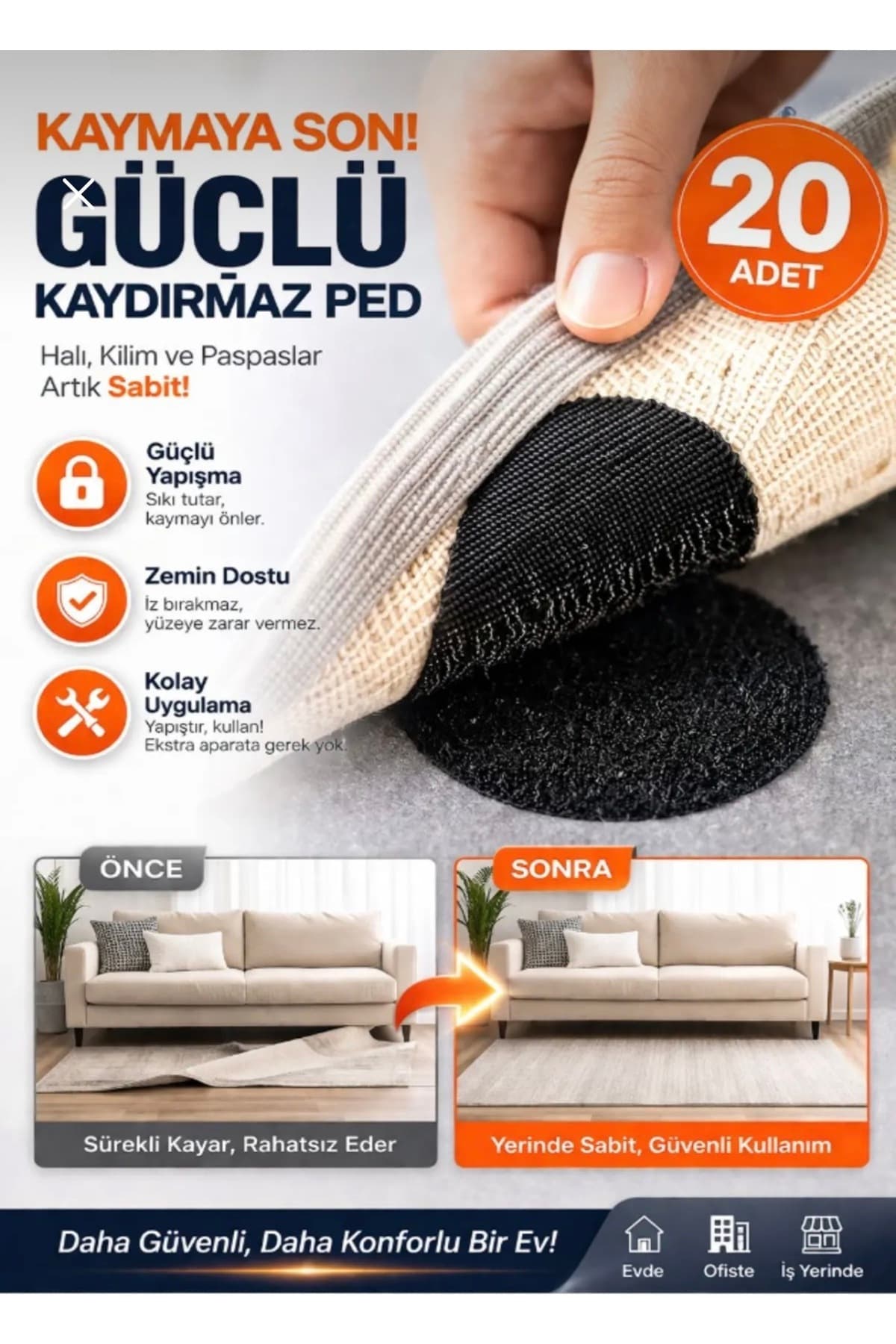 MİMOZA PARK 20 Adet Halı Kilim Koltuk Örtüsü Kaydırmaz Sabitleyici Cırt Yıkanabilir Kendinden Yapışkanlı Ped