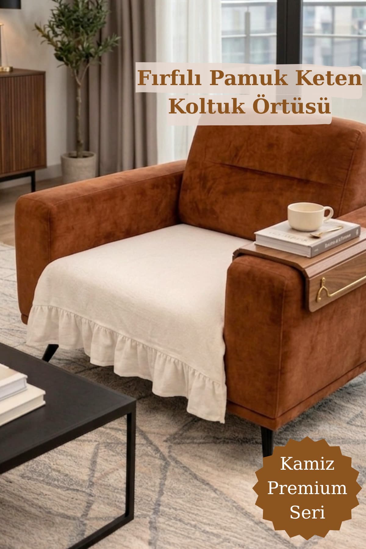 KAMİZ Fırfırlı Koltuk Örtüsü Bohem Pamuk Keten | Kaymaz, Yıkanabilir, Modern Şık Tasarım Tekli Koltuk