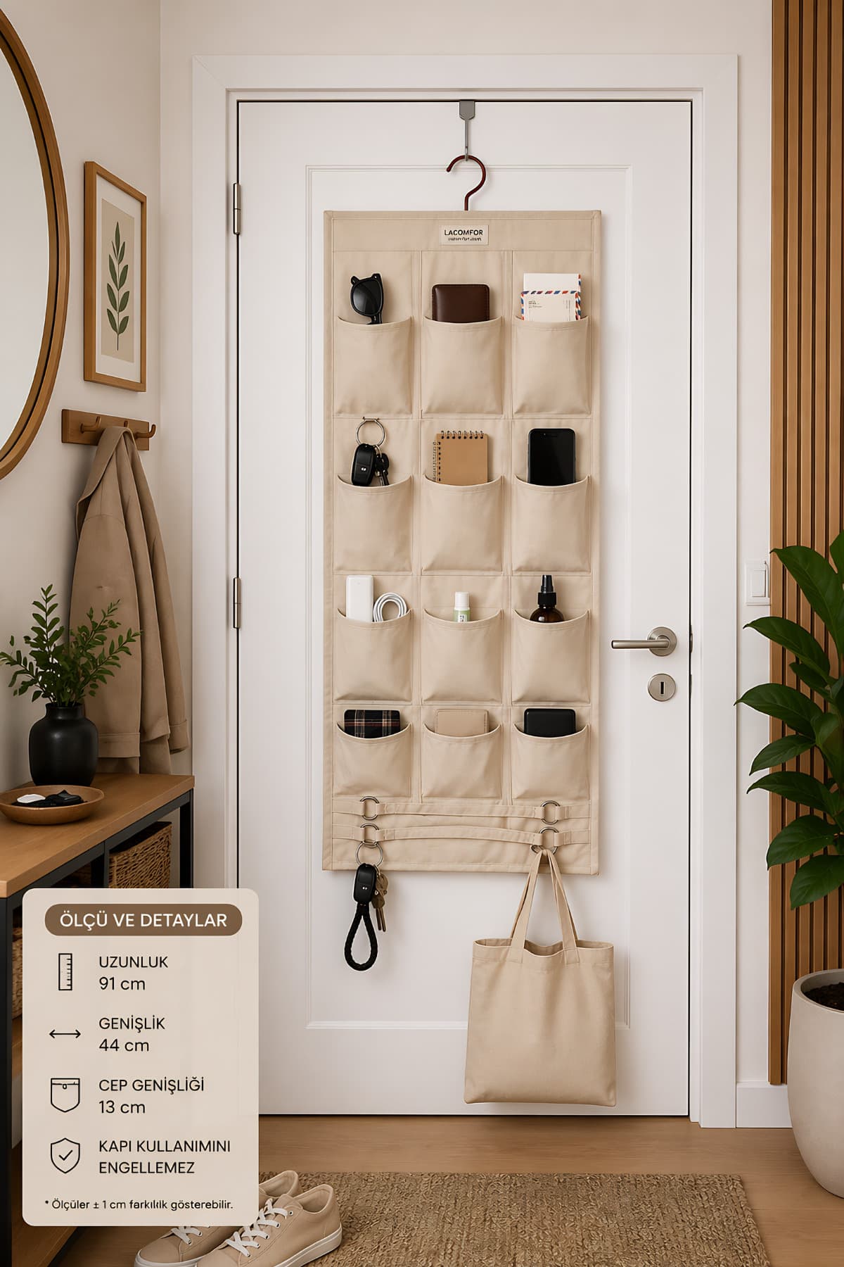 Lacomfor Çok Amaçlı 12 Cepli Kapı Arkası Düzenleyici - Bez Organizer Askılık - Banyo, Mutfak ve Dolap İçi Düzenleyici Organizer (91x44 cm)